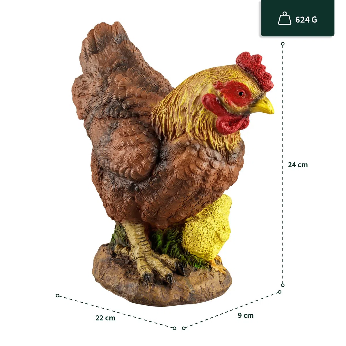 1PLUS Polyresinowa figurka kurczaka do ogrodu brązowa z kurczętami dekoracja ogrodowa żywica ozdoba zdobiąca figurka dekoracja ogrodu
