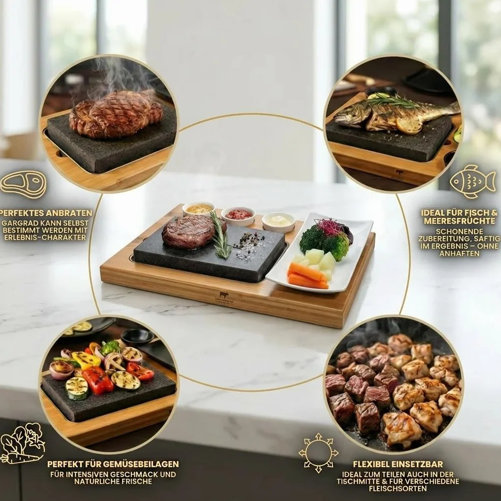 Hot Stone zestaw do grillowania z kamienia lawowego, deska do steków, z deski bambusowej, płyty porcelanowej i podkładki ze stali nierdzewnej, mięsa, ryb na gorącym kamieniu