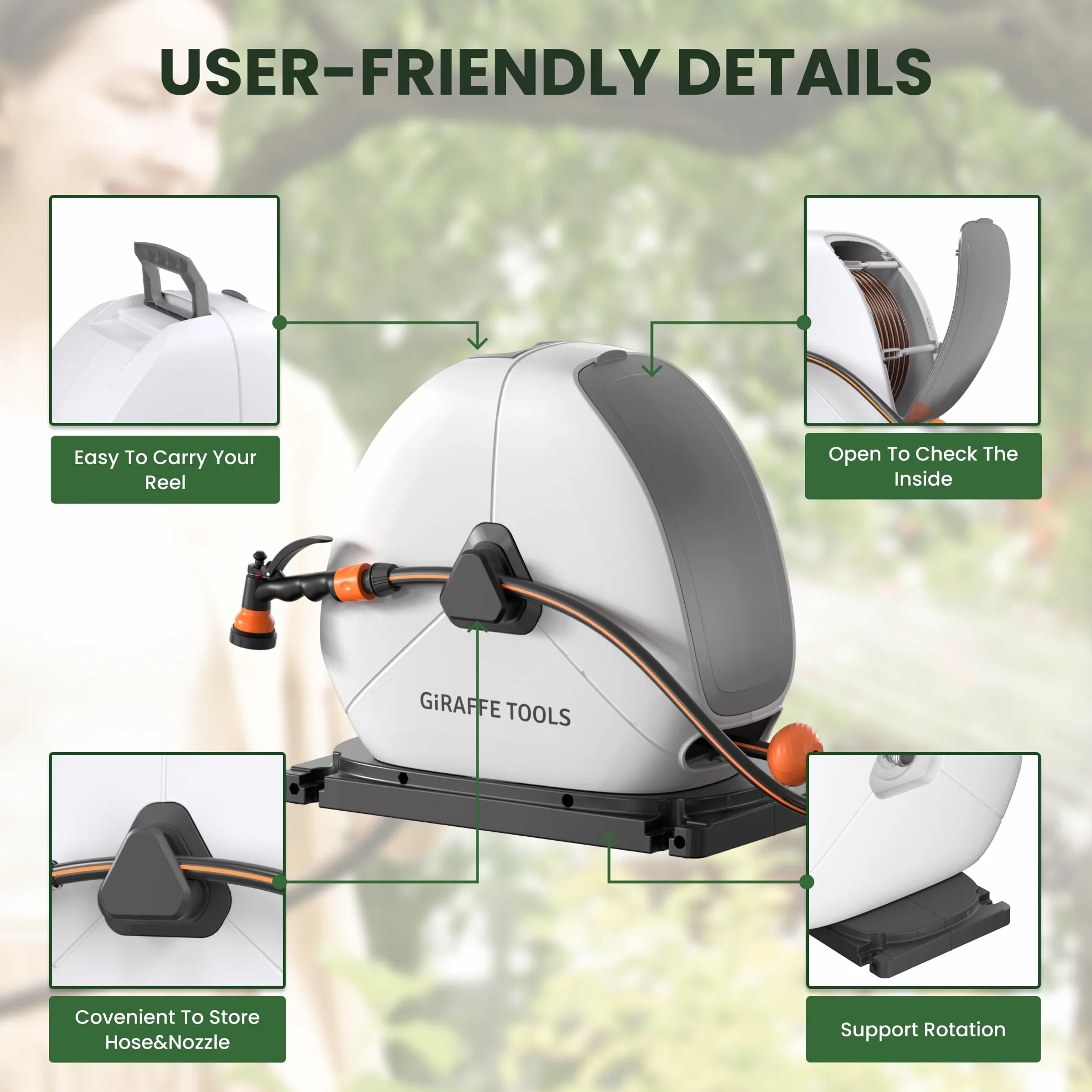 Giraffe Tools Zwijany bęben na wąż z 30M, wytrzymały montowany na podłodze ogrodowy bęben na wąż, z 7-funkcyjną dyszą opryskiwacza i elastyczną obrotową podstawą