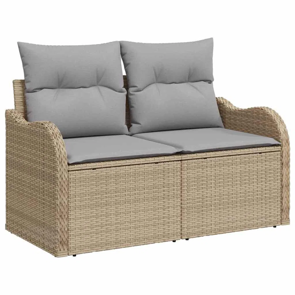 Modułowa sofa ogrodowa, 7-częściowy, z beżowego polirattanu z poduszkami i miejscem do przechowywania, łukowate podłokietniki, malowana proszkowo rama stalowa, wodoodporna torba