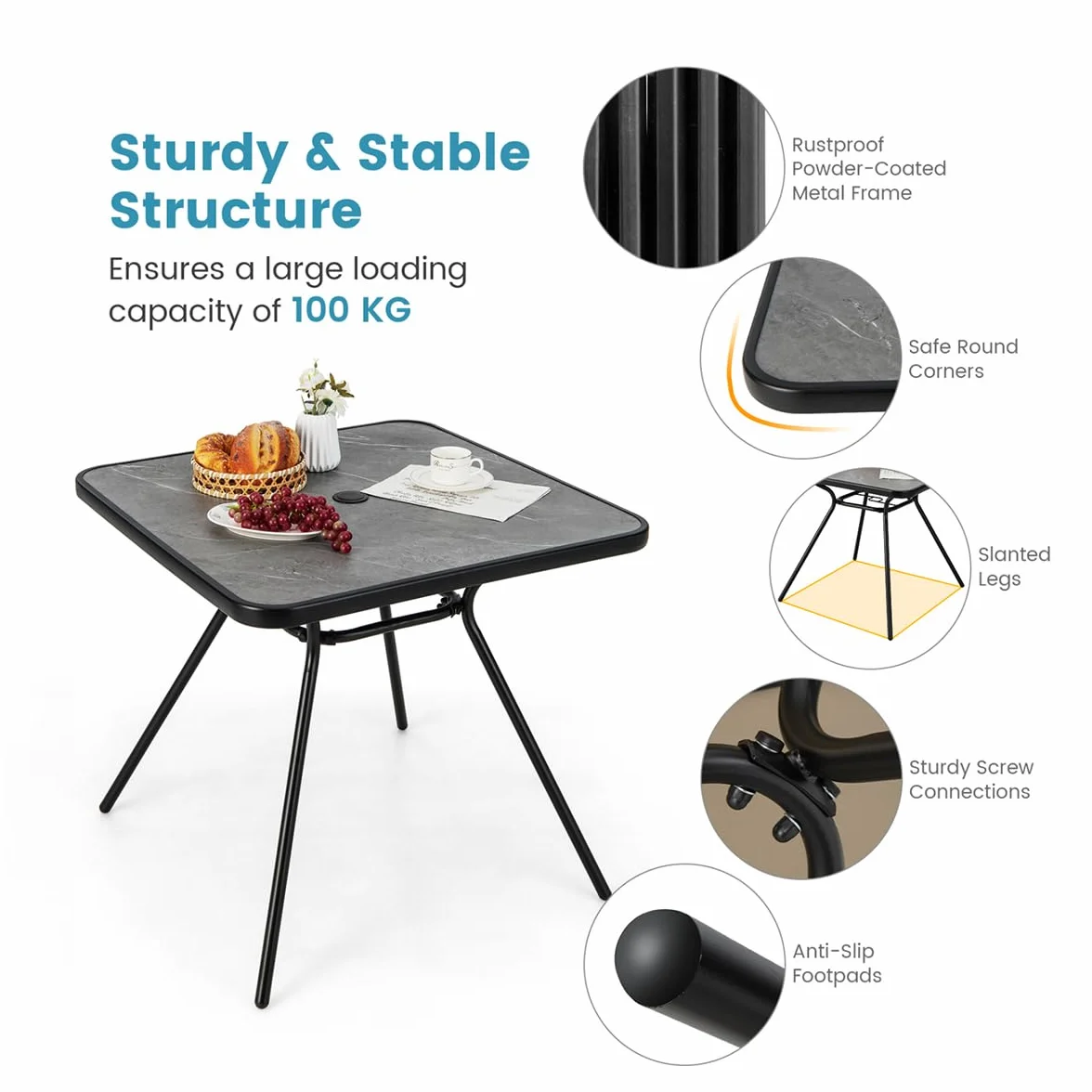 KOMFOTTEU Stolik pomocniczy z otworem na parasol, stół ogrodowy 80 x 80 cm dla 4 osób, stół balkonowy z blatem ze sztucznego marmuru, stół bistro do 100 kg, stół na balkon, taras, do ogrodu