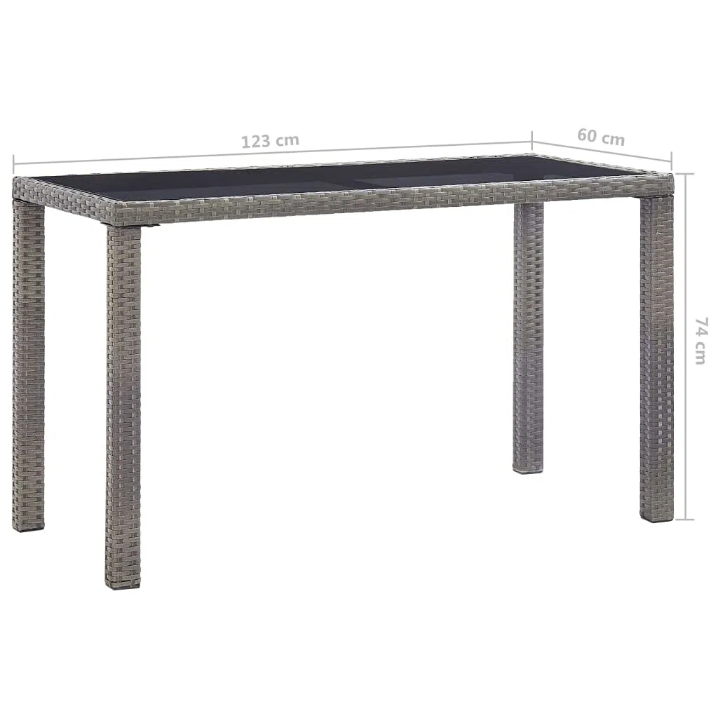 Stół ogrodowy z polirattanu, antracyt, 123 x 60 x 74 cm, ze szklanym blatem, stabilna rama stalowa, wodoodporny rattan PE, łatwy w pielęgnacji, idealny do ogrodu, na taras, werandę, stół do