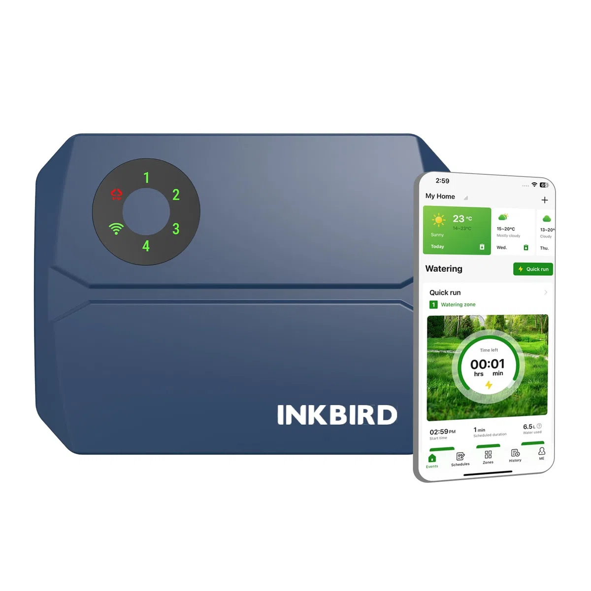 INKBIRD IIC-401-WIFI 4-strefowy sterownik nawadniania WiFi, inteligentny sterownik zraszaczy z inteligentnymi pominięciami pogodowymi, obliczanie zużycia wody, ręczne podlewanie, do trawnika, ogrodu