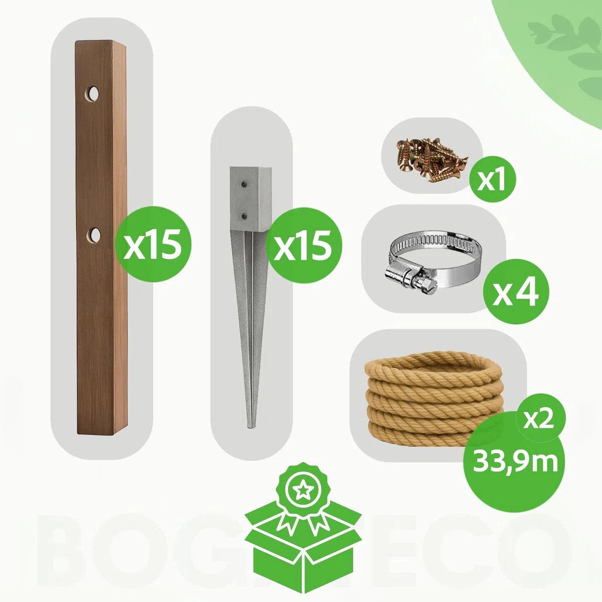 Bogateco Ogrodzenie drewniane, podwójne ogrodzenie linowe 28 m | kompletny zestaw odgradzający z liny jutowej 30 mm i drewnianymi słupkami | impregnowane drewno wraz z tulejami osadczymi do ziemi |