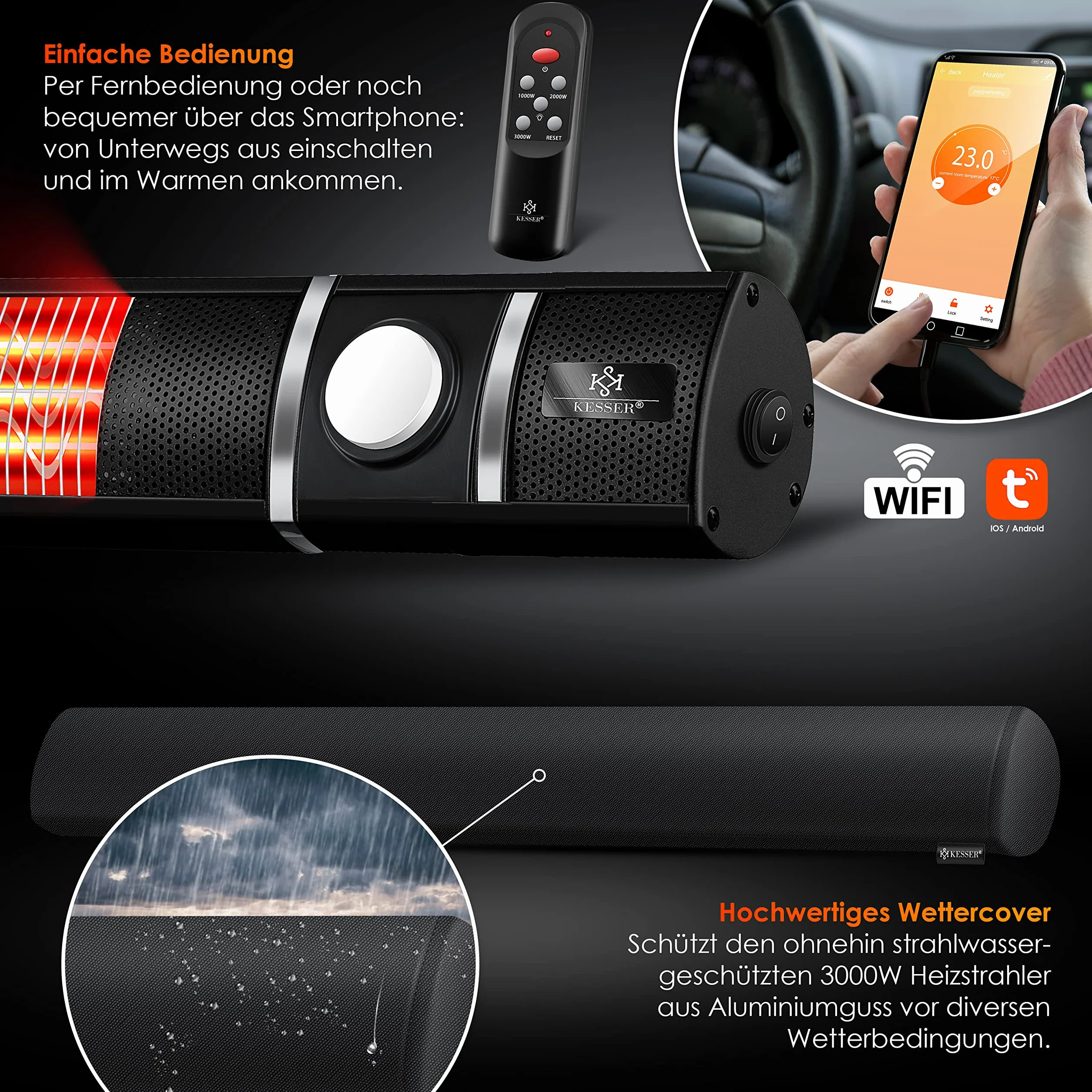 Kesser promiennik na podczerwień 3000 W z reflektorem tarasowym LED WiFi i pilotem