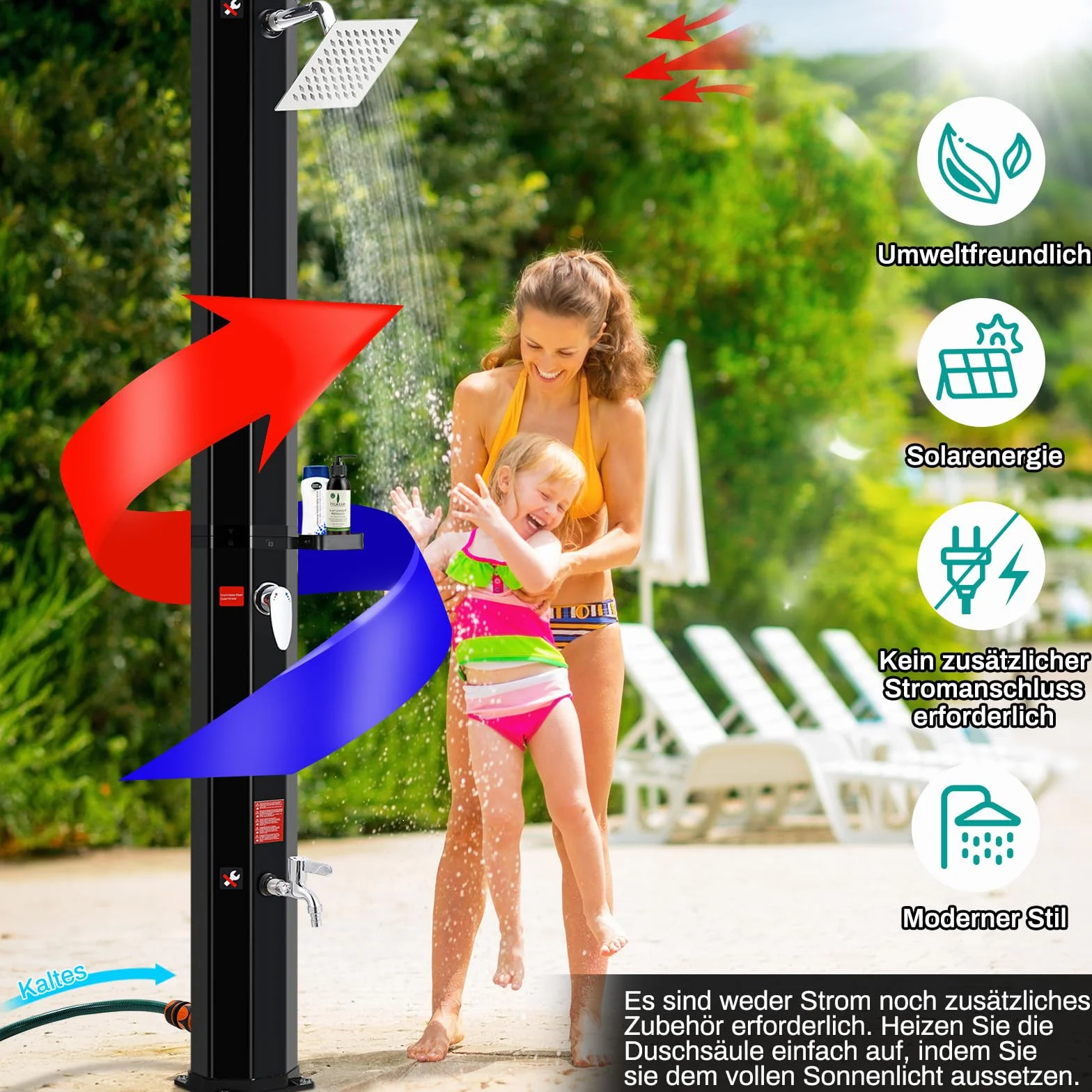 LIFERUN Prysznic solarny 35 l, prysznic ogrodowy, ciepła woda do 60°C, z deszczownicą, kranem, skrzynką na mydło i pokrowcem ochronnym, prysznic basenowy, na kemping, do ogrodu, na balkon i basen, bez