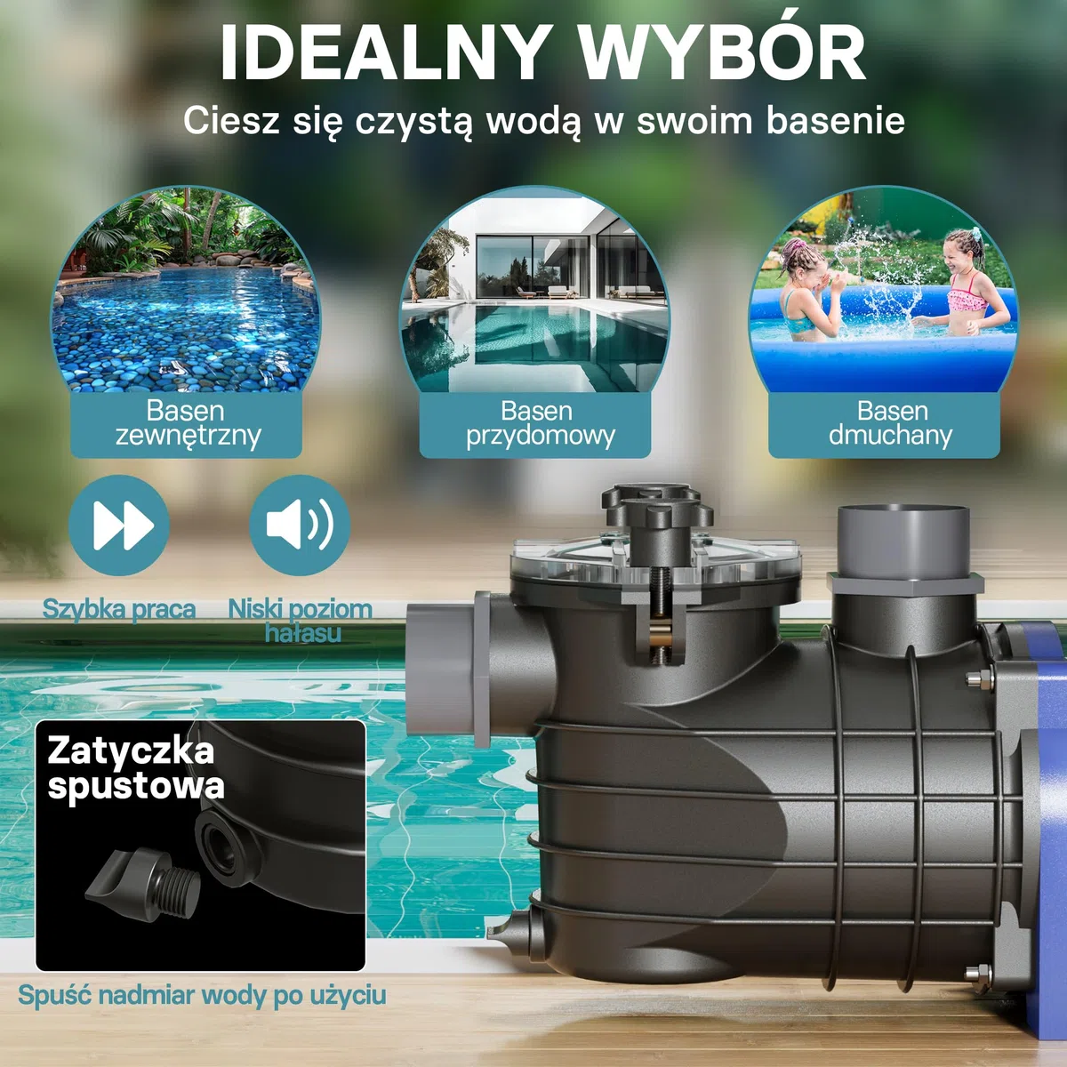 WilTec Pompa basenowa 10800 l/h, 180 W cicha pompa filtrująca i cyrkulacyjna, skuteczna pompa wodna do basenu, trwała i antykorozyjna konstrukcja