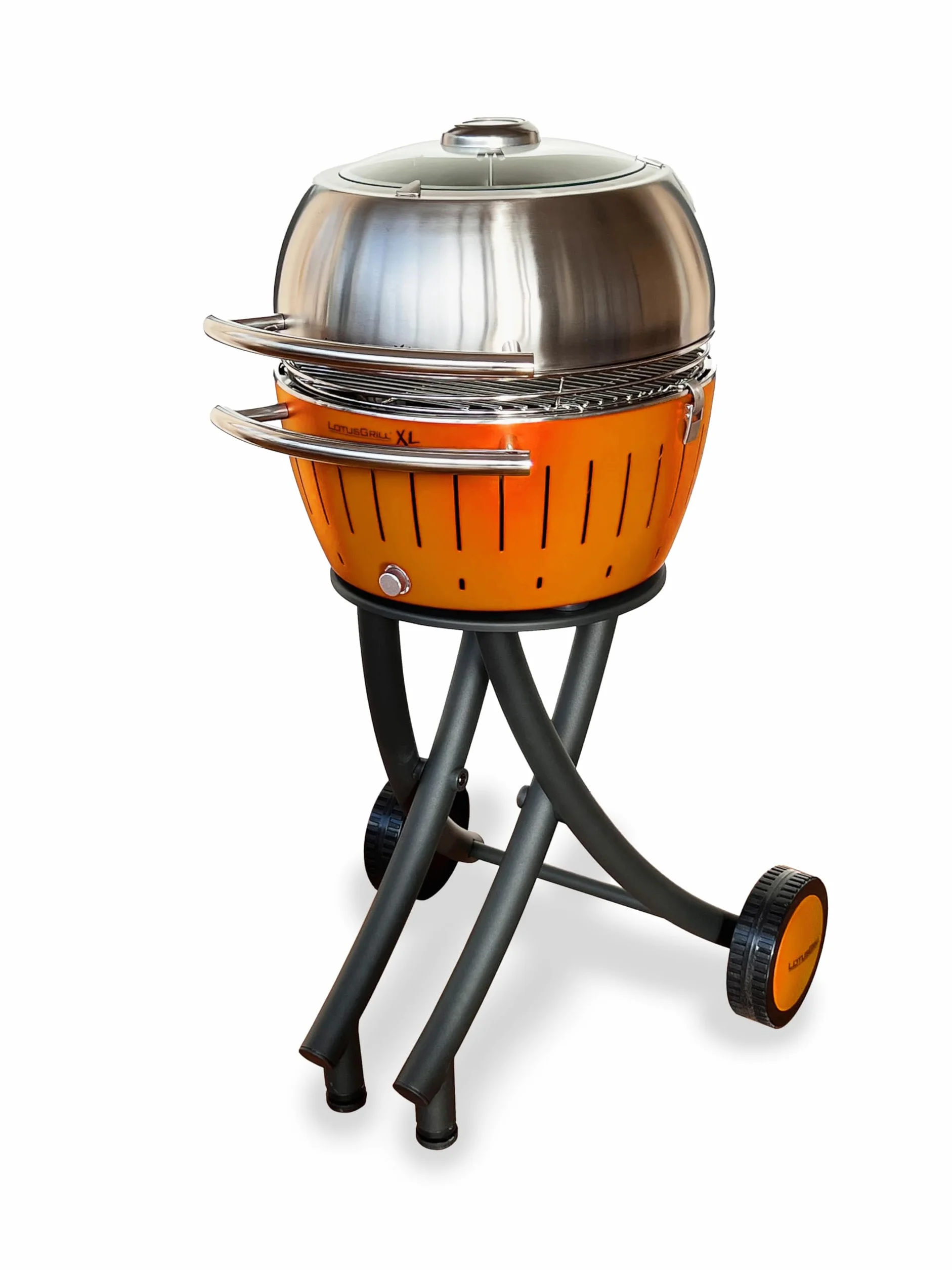 LotusGrill Zestaw grilla ogrodowego XL, kolor limonkowy – grill na kółkach z pokrywą XL ze stali nierdzewnej (pomarańcza mandarynkowa)