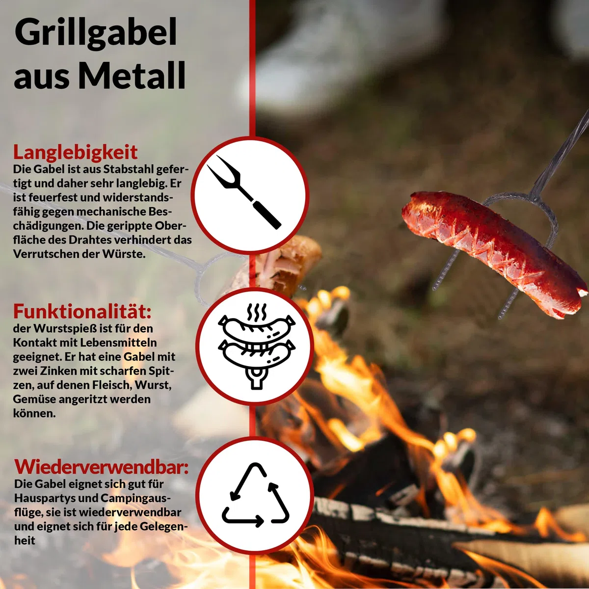 Widelce do grillowania, zestaw 10 szt. – szaszłyki z drewnianym uchwytem i czarną stalą – 120 cm – do kiełbasek, chleba stockowego, pianek