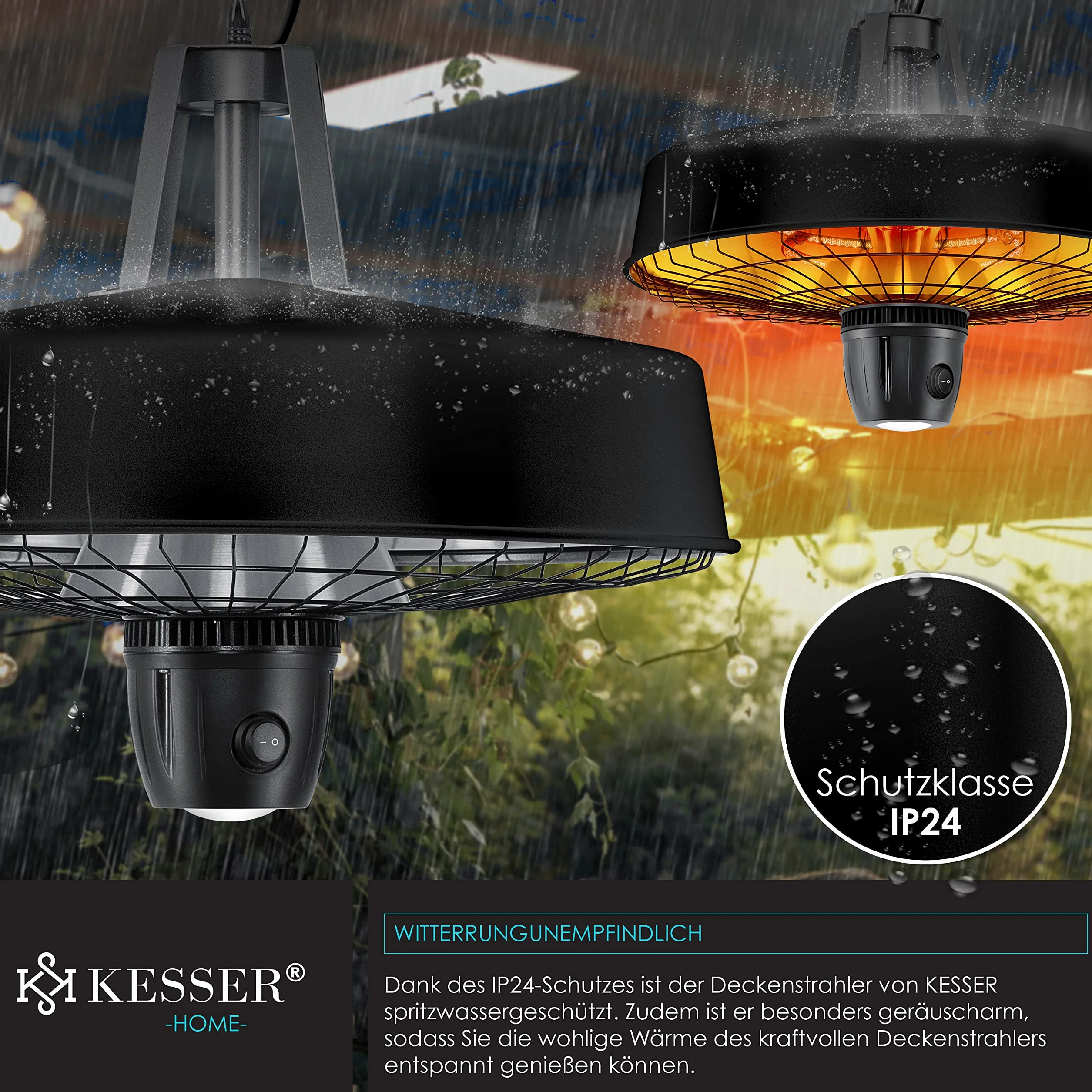 KESSER® Grzejnik sufitowy na podczerwień, 2500 W, promiennik tarasowy, z pilotem zdalnego sterowania, kwarcowy, światło LED, sufit, z łańcuszkiem i karabińczykiem, element grzejny z włókna węglowego