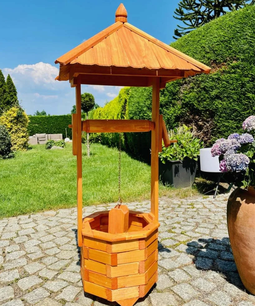 Dekoracyjna fontanna ośmiokątna z drewna, brązowa, wysokość 130 cm, fontanna ogrodowa, impregnowana