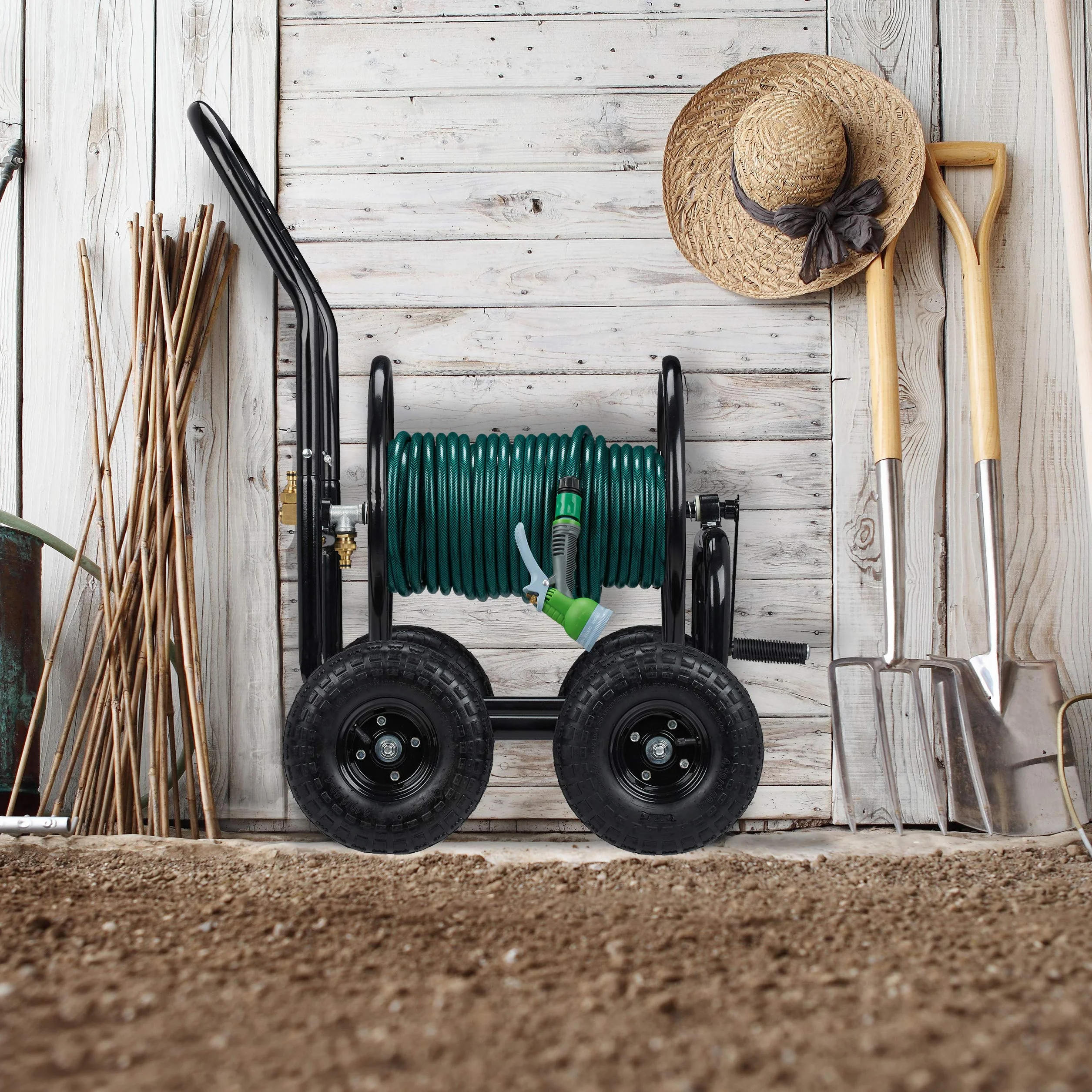 Wózek na wąż Relaxdays metalowy, mobilny bęben na wąż, metalowy, do 75 m węża, z korbą ręczną, 4 koła, czarny
