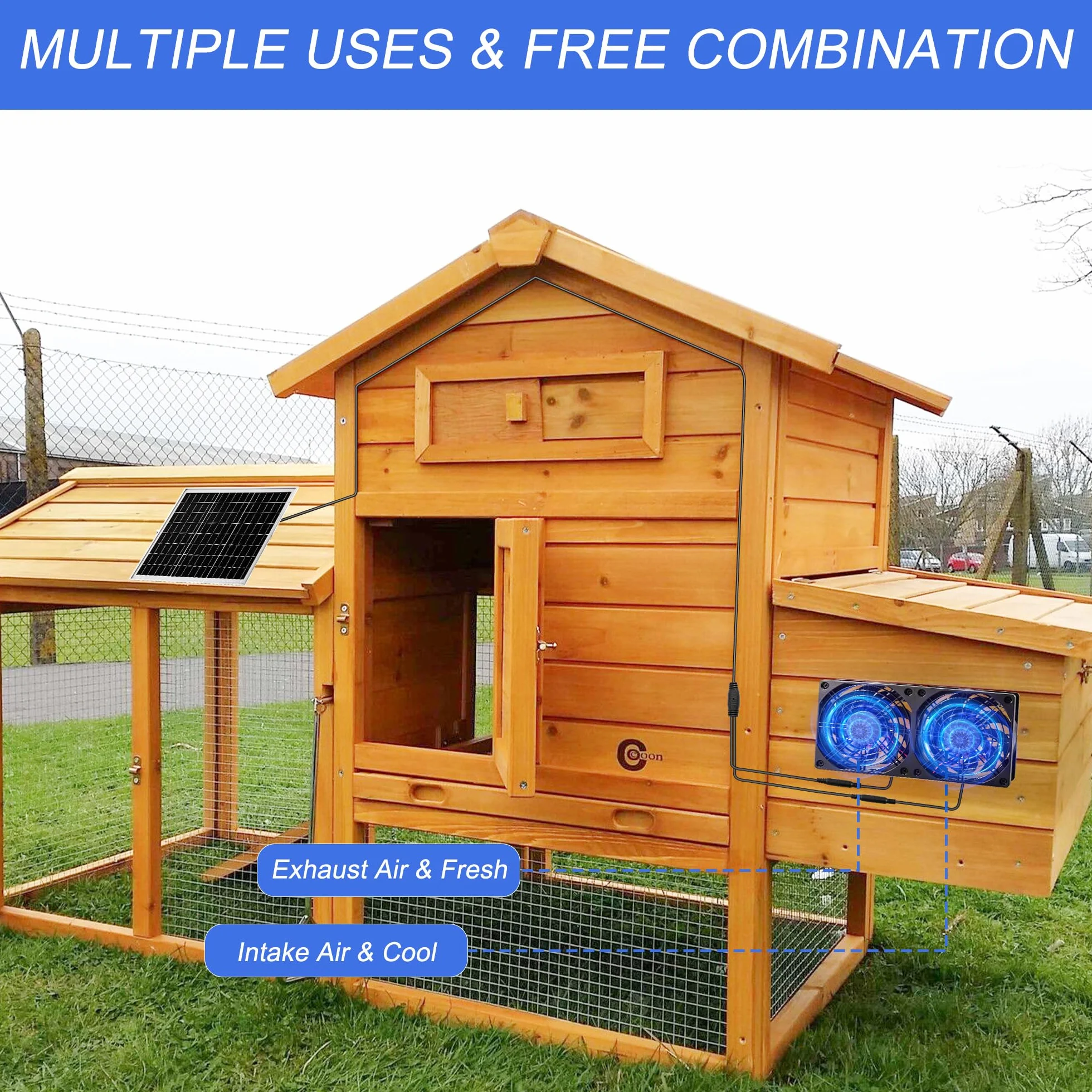Joycabin Wentylator solarny, zestaw modułu solarnego, 10 W, podwójny wentylator wydechowy, przenośny solarny wentylator wyciągowy do małych kurników, szklarni, domków dla zwierząt domowych, garażu