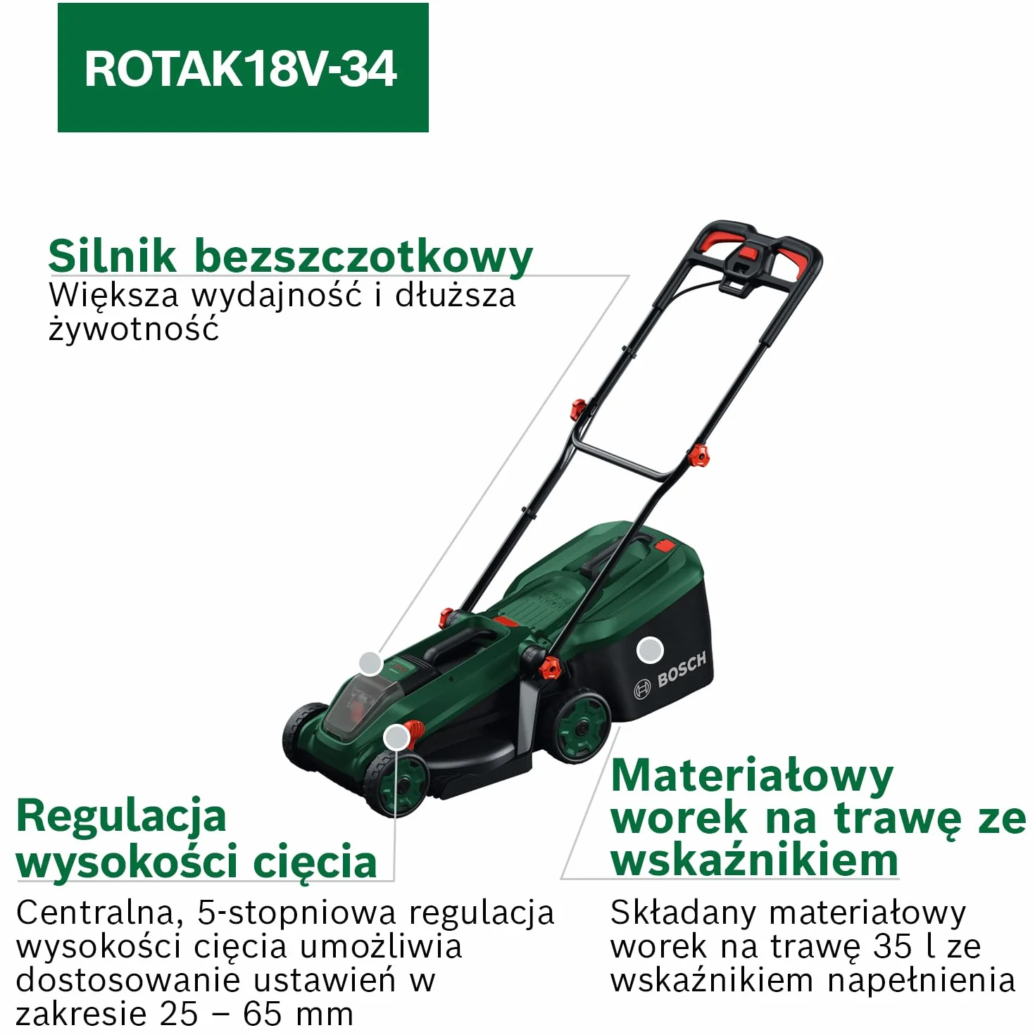 Bosch Kosiarka akumulatorowa ROTAK18V-34 (szerokość cięcia: 34 cm, wysokość cięcia: 25-65 mm, materiałowy worek na trawę 35 l, przystawka do mulczowania, bez akumulatora)