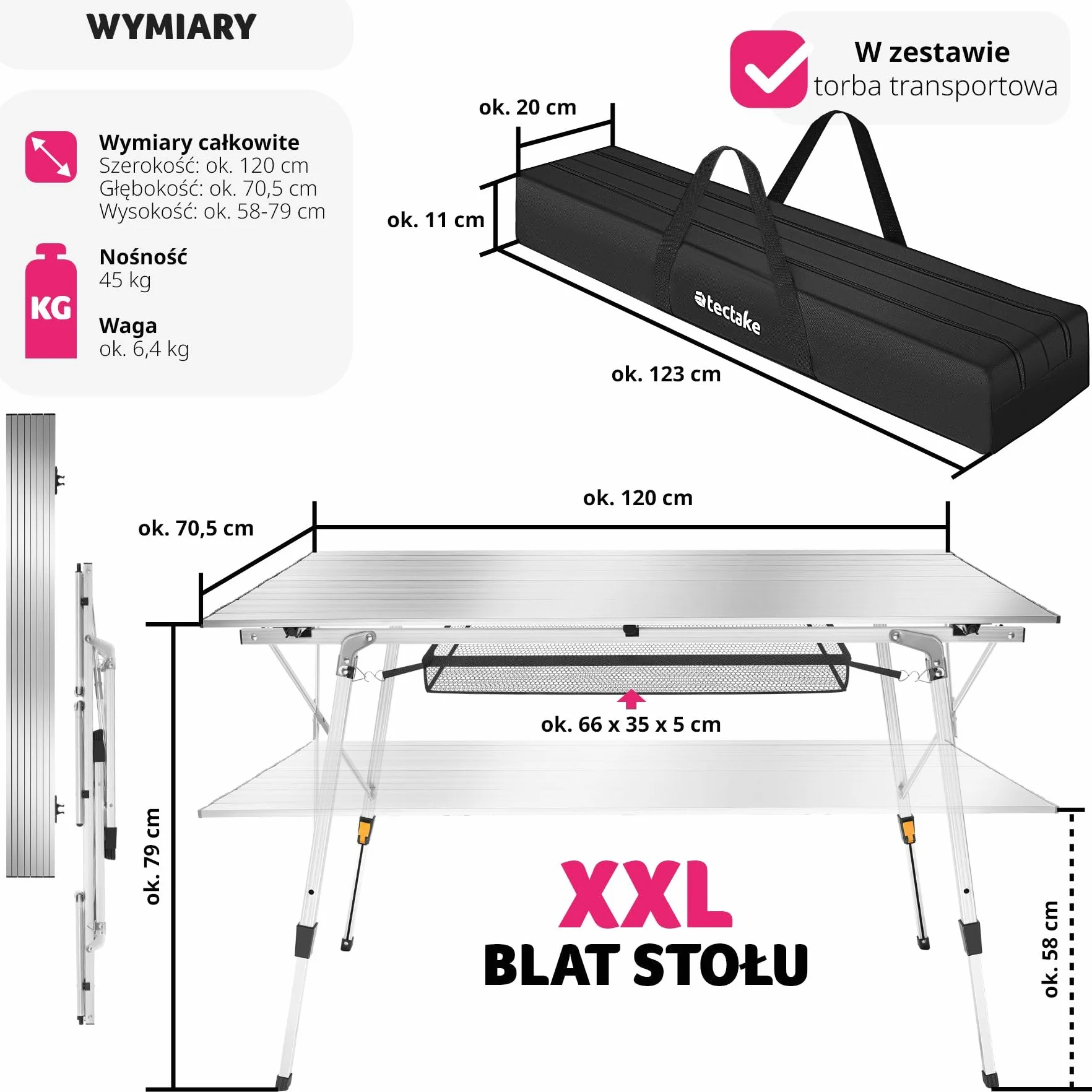 tectake® Składany Stół Kempingowy, Zwijany Blat XXL, Aluminiowa Konstrukcja, Regulacja Wysokości, Lekki, Odporny Na Pogodę, Siatkowa Półka, Torba Transportowa, Doskonały na Piknik (Szary)