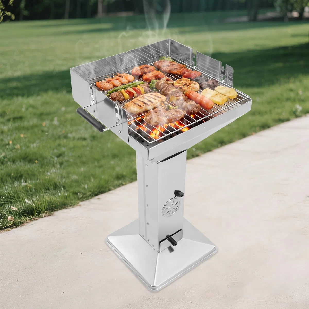 Grill na węgiel drzewny, stal nierdzewna, grill kolumnowy, węgiel drzewny, z regulacją wysokości, ze zdejmowanym rusztem, pojemnikiem na popiół i wentylacją, grill węglowy, do ogrodu, na taras