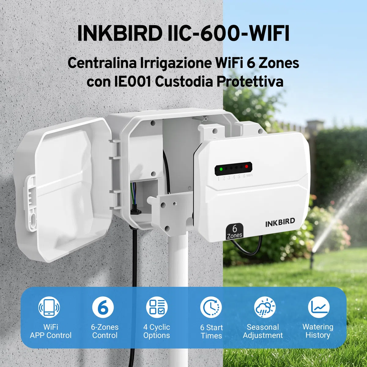 Inkbird IIC-600 Wifi 6 stref programator do nawadniania z wodoodpornym pudełkiem, automatyczne nawadnianie WiFi w ogrodzie, timer, wbudowany nieulotny pamięć, wsparcie czujnika deszczu i regulacja