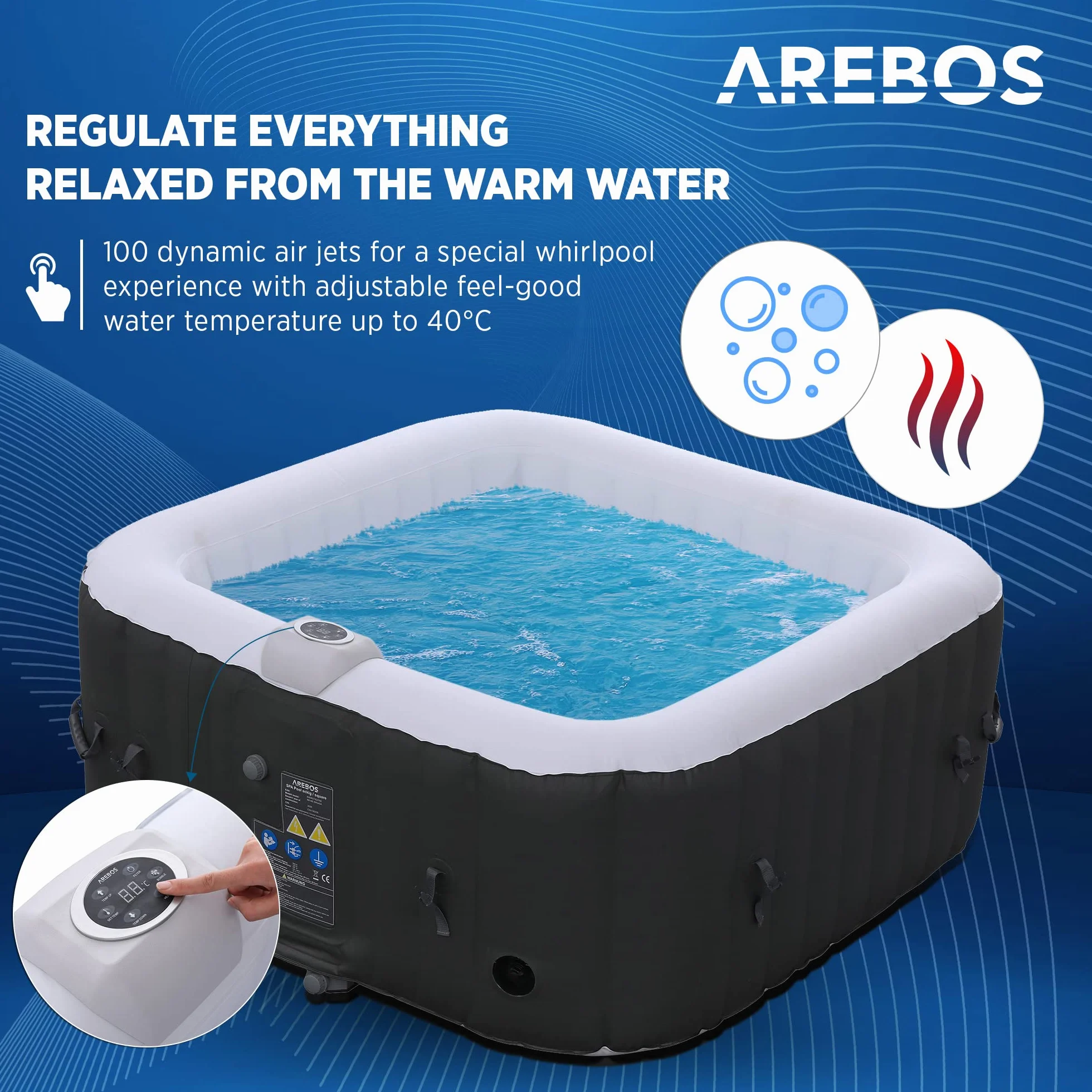 Arebos Nadmuchiwane | Whirlpool Pure | | 4 osoby | 130 dysz do masażu | Spa Dobre samopoczucie Ogrzewanie | 550 litrów | z pokrywą | Bubble Spa & Wellness masaż
