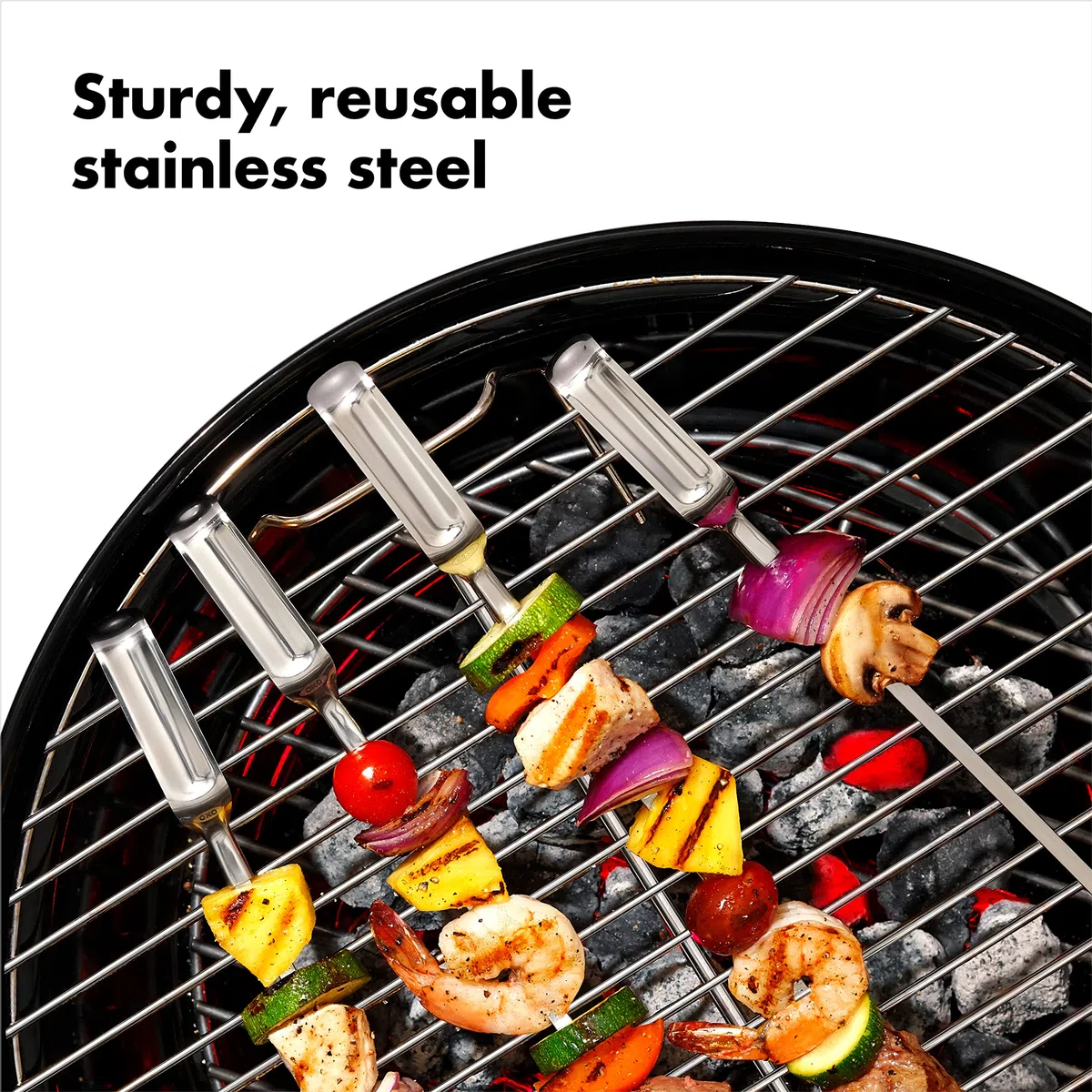 OXO Outdoor Zestaw 6 stalowych szpikulców do grilla | Płaskie szpikulce stabilnie trzymają jedzenie, składane uchwyty oszczędzają miejsce, łatwe obracanie, do zmywarki