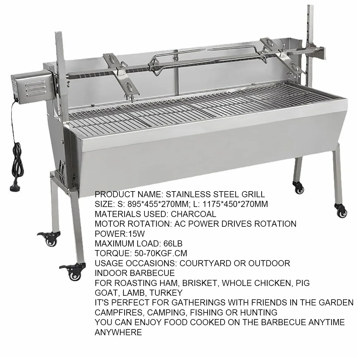 Grill rożnowy, w pełni automatyczny silnik 15 W, pojemność 29,9 kg, grill na węgiel drzewny rożen na kemping do kuchni na zewnątrz ognisko impreza