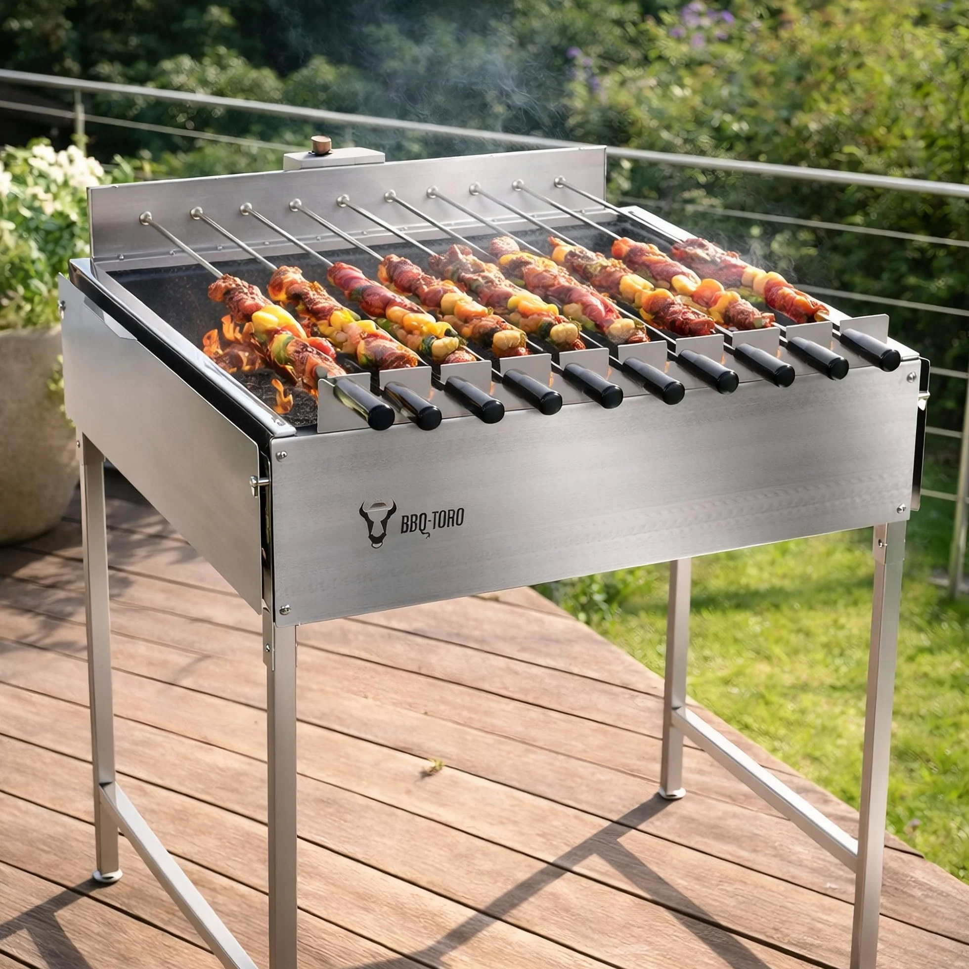 BBQ-Toro stojący grill na węgiel drzewny z elektrycznym obrotowym rusztem, 11 szpikulców, silnik