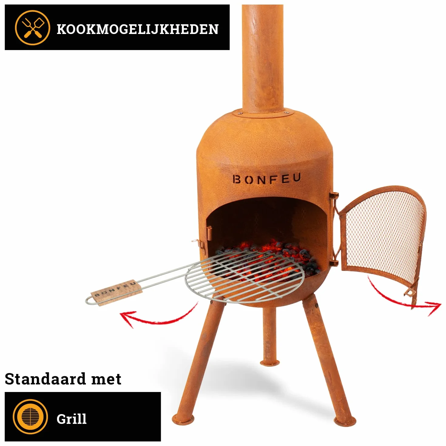 BonFeu Kratka BonSolo - piec tarasowy - kominek z ochroną przed iskrami na relaksujące wieczory - kolumna ogniskowa na zewnątrz - kominek tarasowy z rusztem do grillowania - 34 x 34 x 124 cm