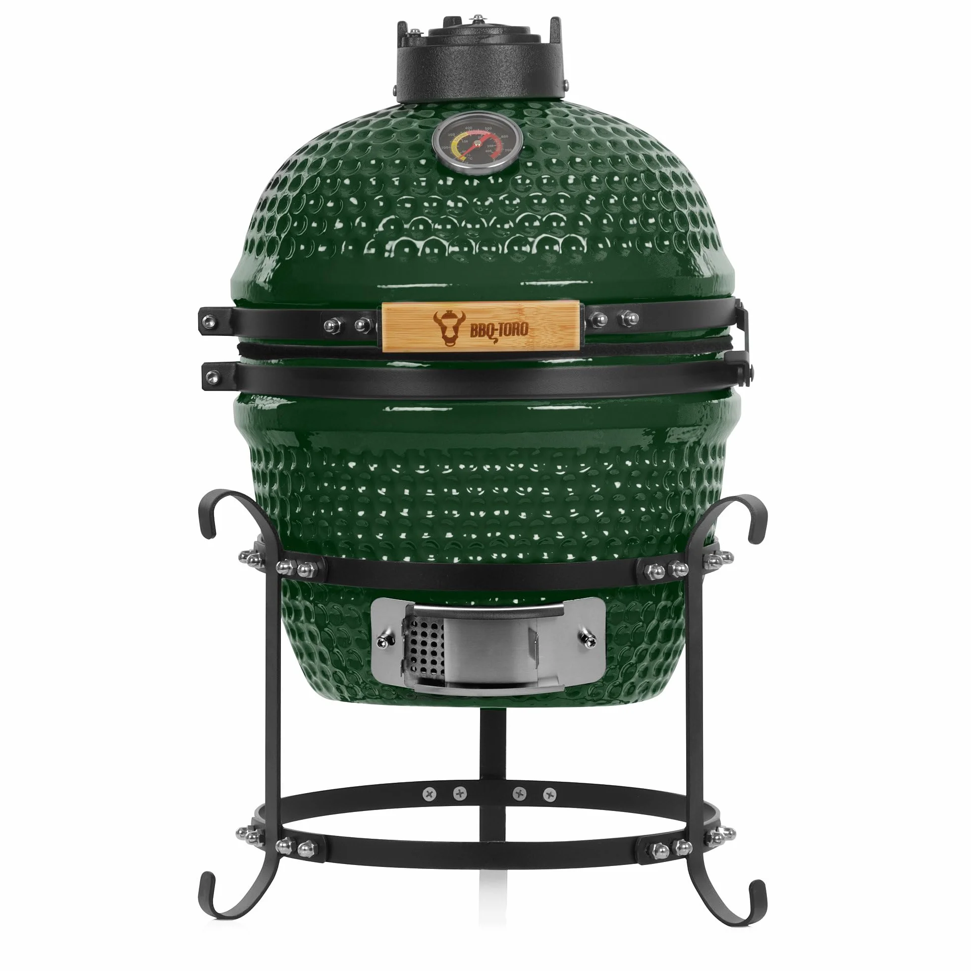 BBQ-Toro Kamado Grill Haiiro grill na węgiel drzewny, Ø 32 cm, zielony, mini grill na węgiel drzewny z termometrem i drewnianymi uchwytami, ceramiczny grill okrągły, ceramiczny grill, jajko, wędzarnia