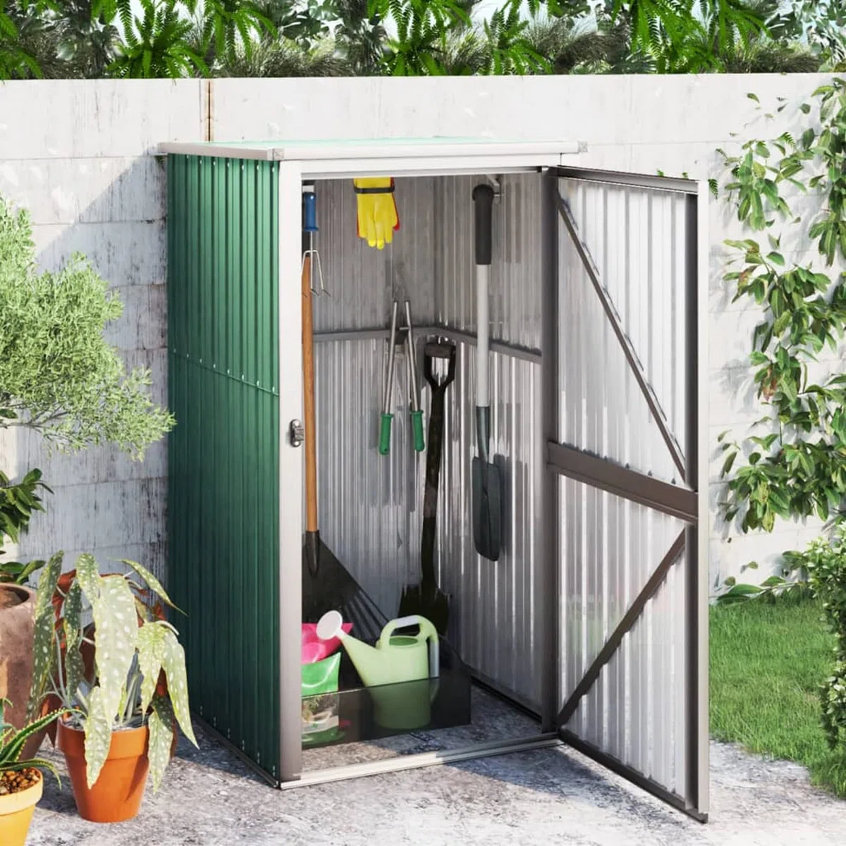 Metalowa szopa ogrodowa z praktycznym uchwytem i spadzistym dachem, zielona, narzędzie do przechowywania na zewnątrz, domek na sprzęt ogrodowy, 88 x 89 x 161 cm