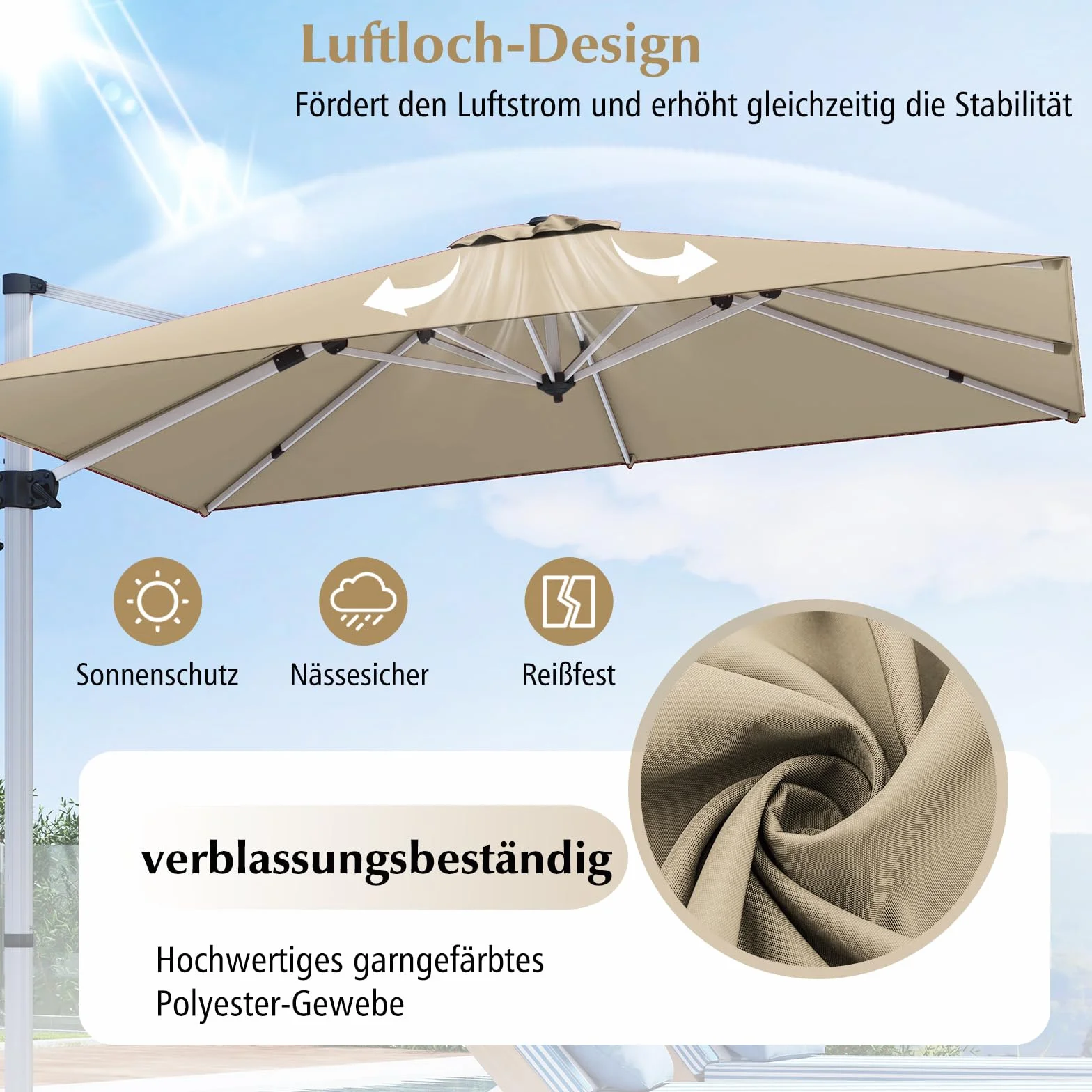 COSTWAY Parasol przeciwsłoneczny prostokątny 300 x 300 cm z korbą odchylany 360° beżowy