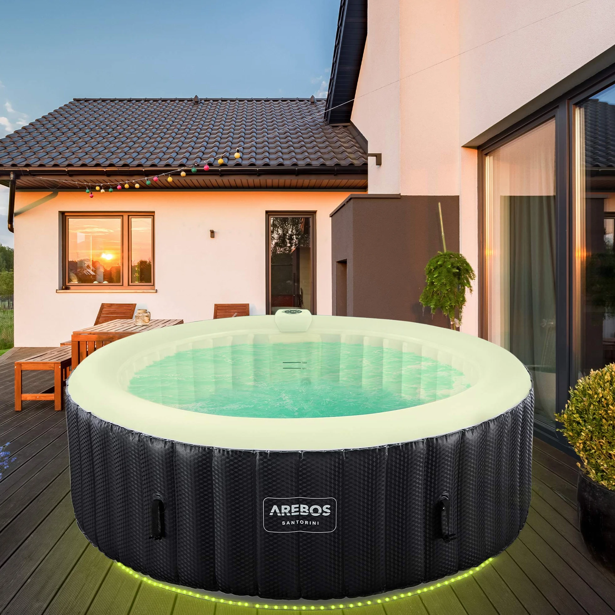 Arebos Nadmuchiwane Spa | Automatyczny nadmuchiwany | do wnętrz i na zewnątrz | 208 cm | 6 osób | Listwa świetlna LED | 130 dysz masujących | 1000 litrów | z pokrywką | Spa i dobre samopoczucie