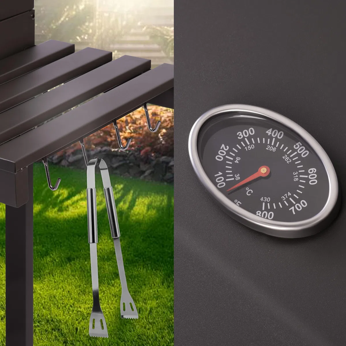 Berdsen Grill Węglowy Ogrodowy BBQChef z Kominem i Żeliwnym Rusztem 41,5 x 57 cm - Regulowane Palenisko, Termometr, Składane Półki, Szafka - Przenośny na Kołach - Antracytowy