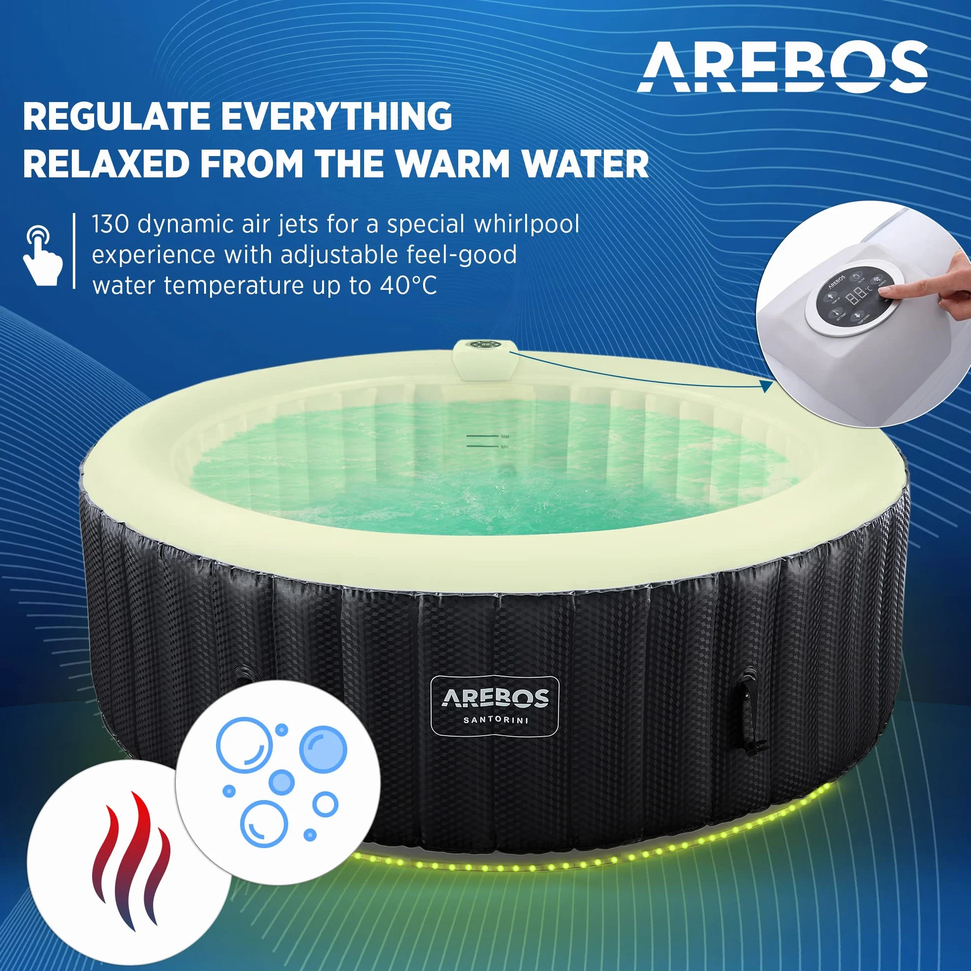 Arebos Nadmuchiwane Spa | Automatyczny nadmuchiwany | do wnętrz i na zewnątrz | 208 cm | 6 osób | Listwa świetlna LED | 130 dysz masujących | 1000 litrów | z pokrywką | Spa i dobre samopoczucie