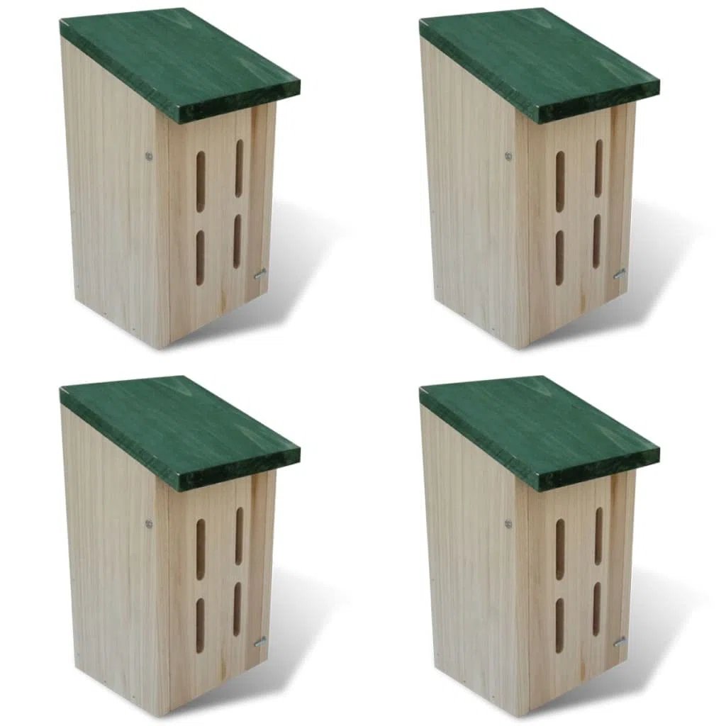 Domek dla motyli ze stabilnego drewna, 14 x 15 x 22 cm, zestaw 4 szt. z zielonym dachem, do ogrodu, na balkon, taras, jako budka lęgowa i schronienie do zimowania i ochrony gatunków