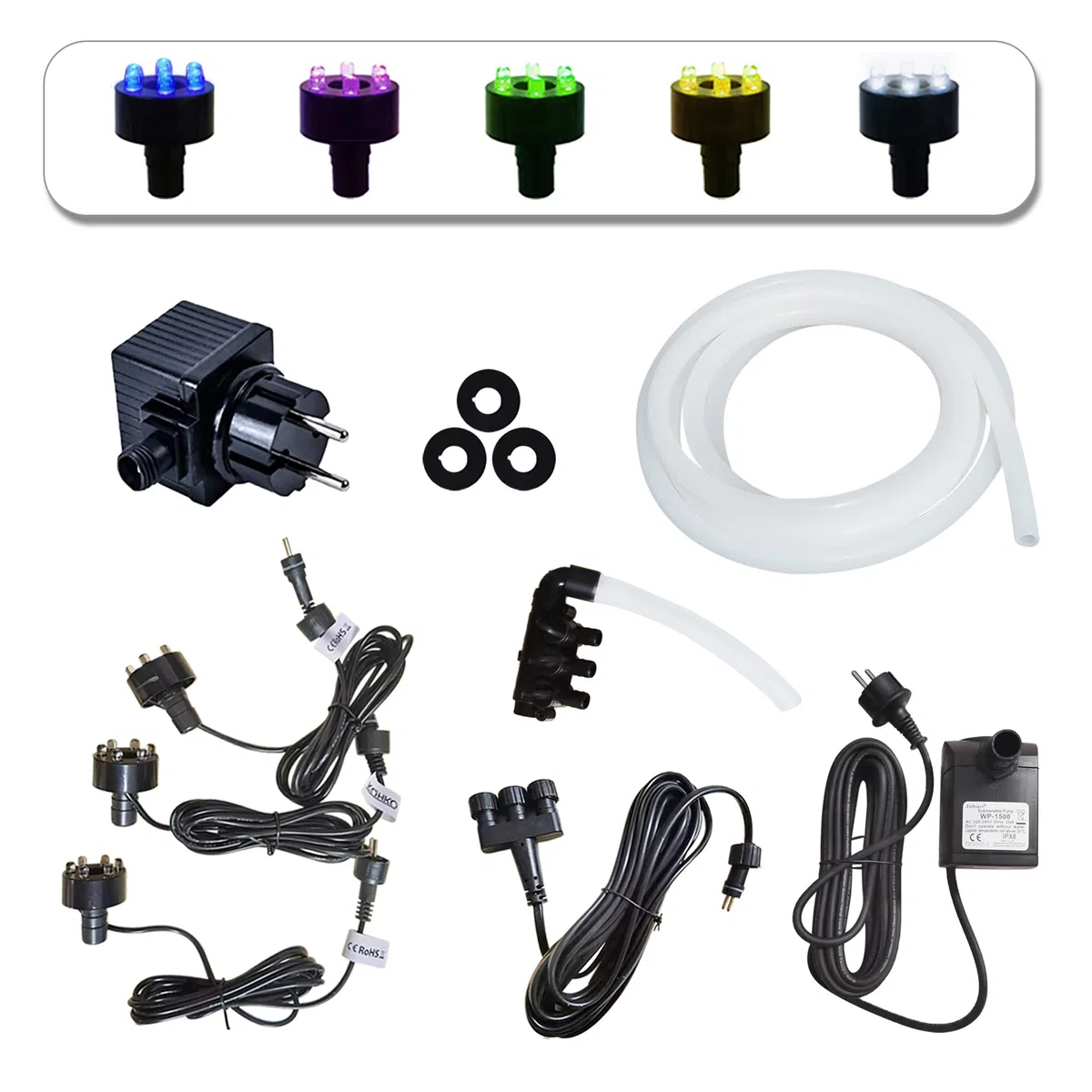 Köhko Kompletny zestaw pompy 1500 l/h do fontanny ogrodowej z 3 diodami LED (zielony), 3-drożny rozdzielacz wody, wąż, 5 m przedłużacza, transformator i uszczelka piankowa