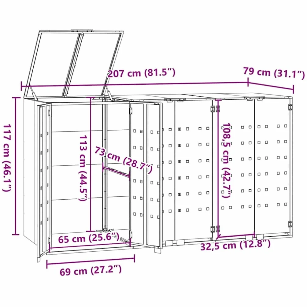 vidaXL Obudowa na 3 kosze na śmieci, antracytowa, 207x79x117 cm, zabudowy koszy na śmieci, obudowa koszy na śmieci, zabudowa kosza na śmieci
