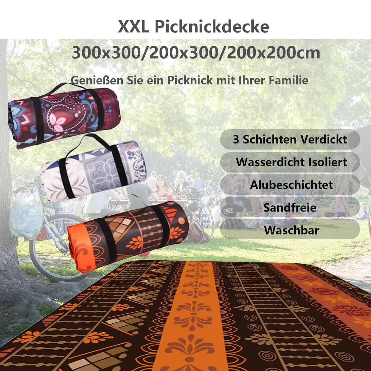 Wodoodporny koc piknikowy, bardzo duży koc piknikowy, 300 x 300 / 200 x 200 x 300, składany, duży koc piknikowy, gruby, można prać w pralce, podróżny koc piknikowy na zewnątrz, rodzinne lato, F, 200 x 300 cm