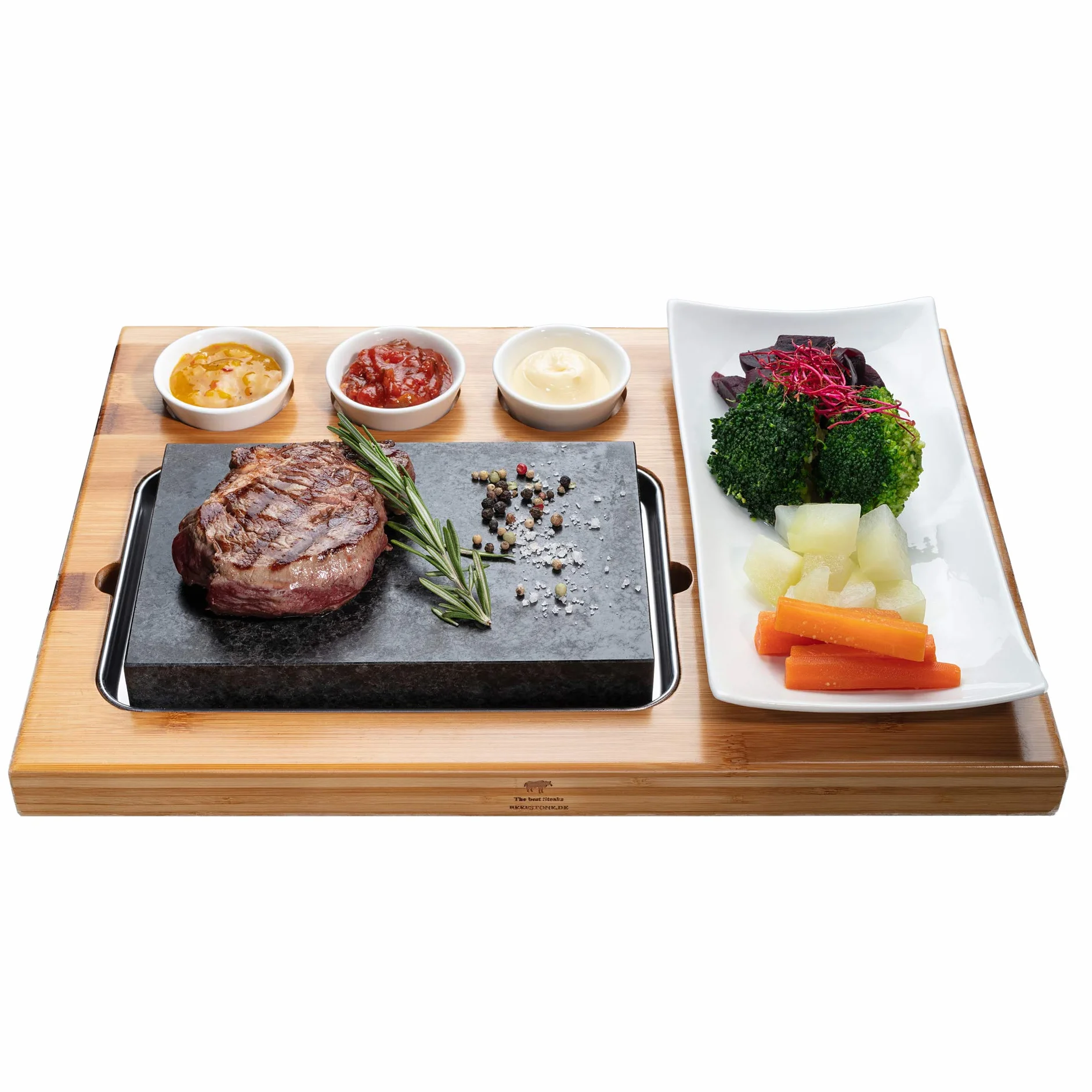 Hot Stone zestaw do grillowania z kamienia lawowego, deska do steków, z deski bambusowej, płyty porcelanowej i podkładki ze stali nierdzewnej, mięsa, ryb na gorącym kamieniu