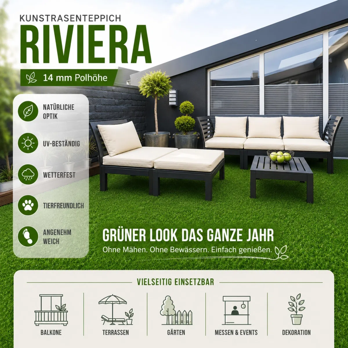 SKY Sztuczna trawa - wodoodporny dywan na balkon, taras i do ogrodu - Premium Class - Riviera - wysokość trawy: 14 mm - 200 x 700 cm