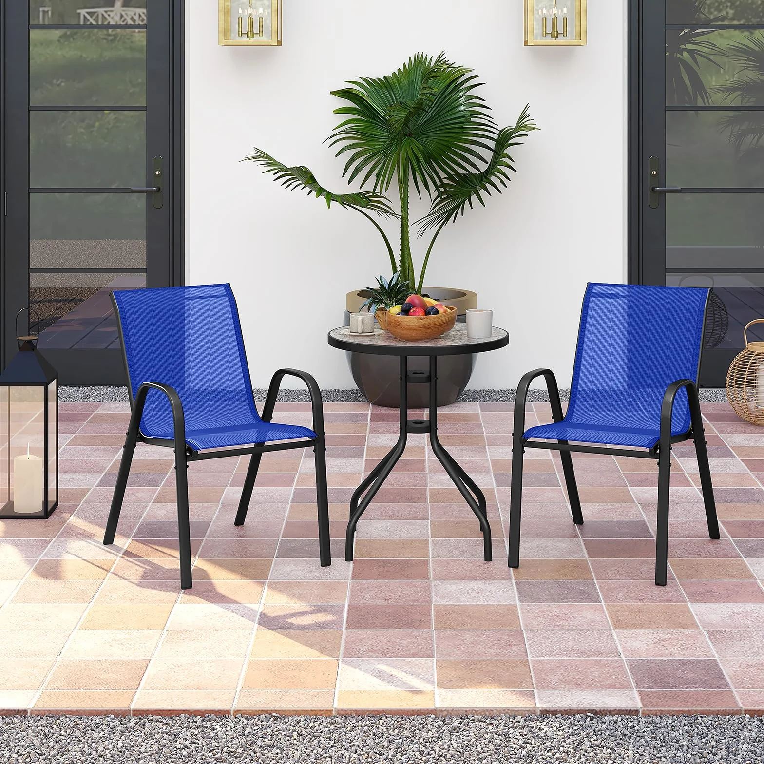 GOPLUS 3-częściowy zestaw mebli bistro, średnica stołu Ø60 cm, stół bistro z 2 składanymi krzesłami, meble balkonowe w zestawie ze szklanym stołem i krzesłami bistro, zestaw mebli ogrodowych na balkon
