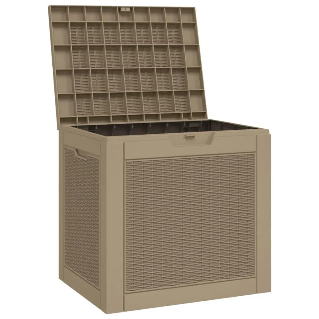 Skrzynka ogrodowa jasnobrązowa z polipropylenu, 118 l, 55,5 x 43 x 53 cm, odporna na warunki atmosferyczne i zamykana, jako skrzynia na taras, balkon, basen i do ogrodu do porządnego