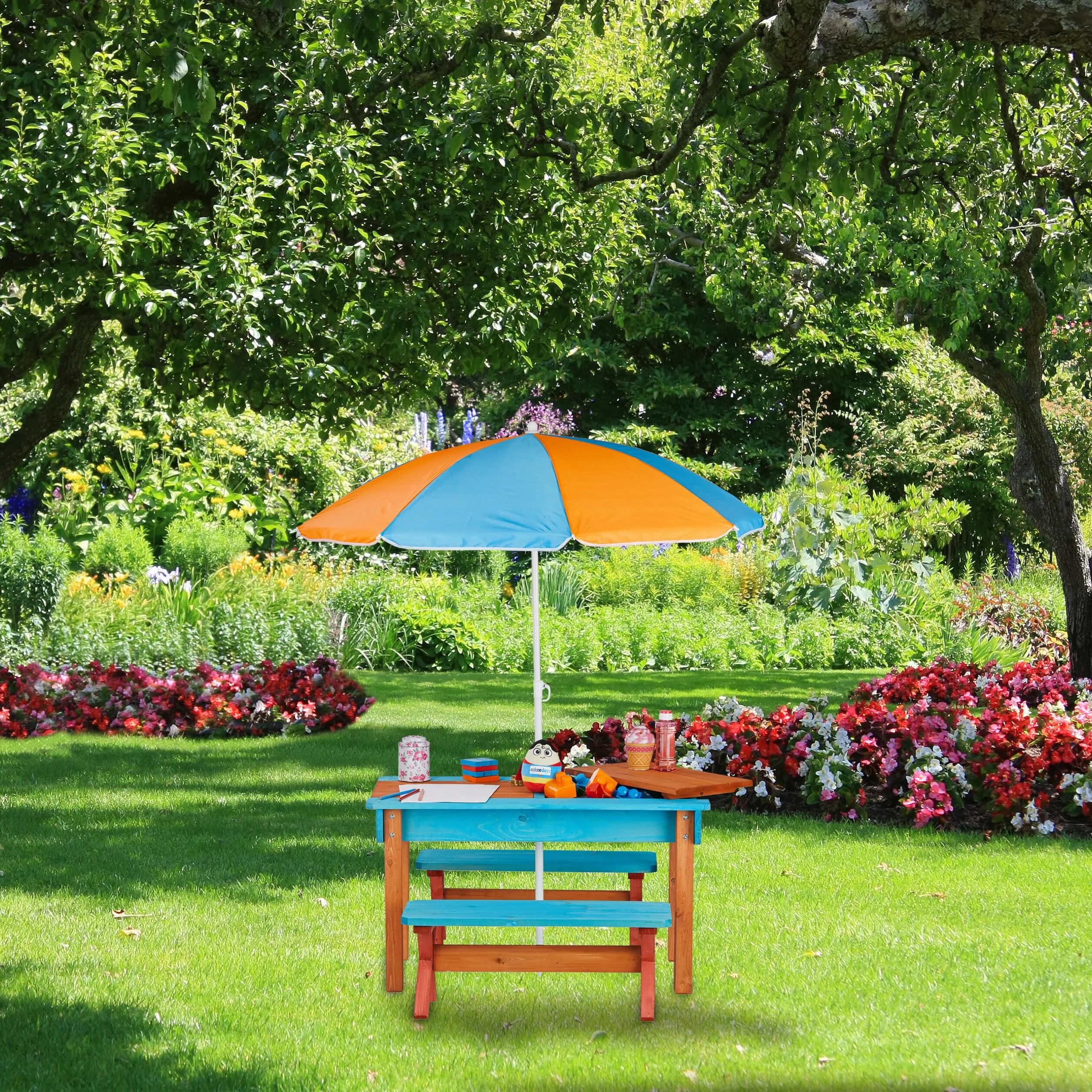 Relaxdays Zestaw mebli ogrodowych dla dzieci, drewno, stół, 2 ławki i parasol