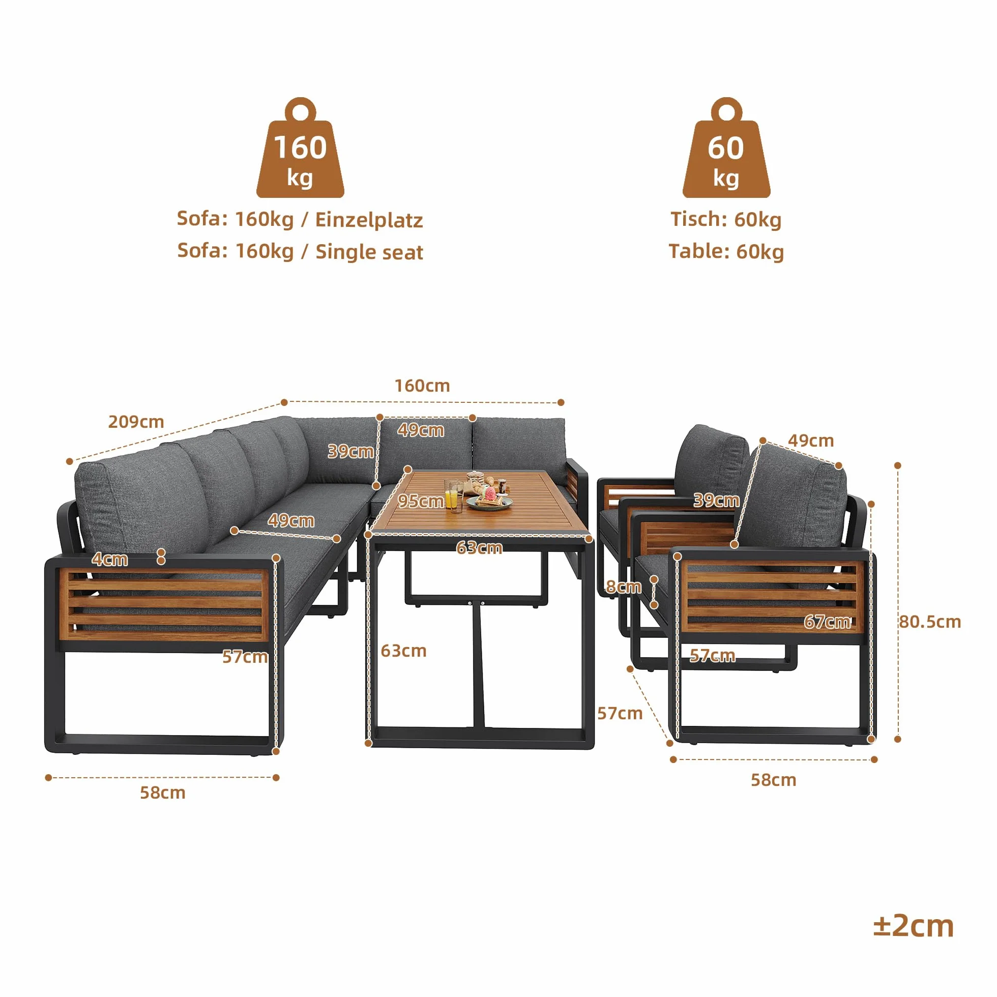 Dolamaní Zestaw wypoczynkowy ogrodowy dla 8 osób, zestaw mebli jadalnianych narożna sofa z 2 fotelami, sofa ogrodowa ze stołem jadalnym z litego drewna, regulowane nogi, wszystkie poduszki na