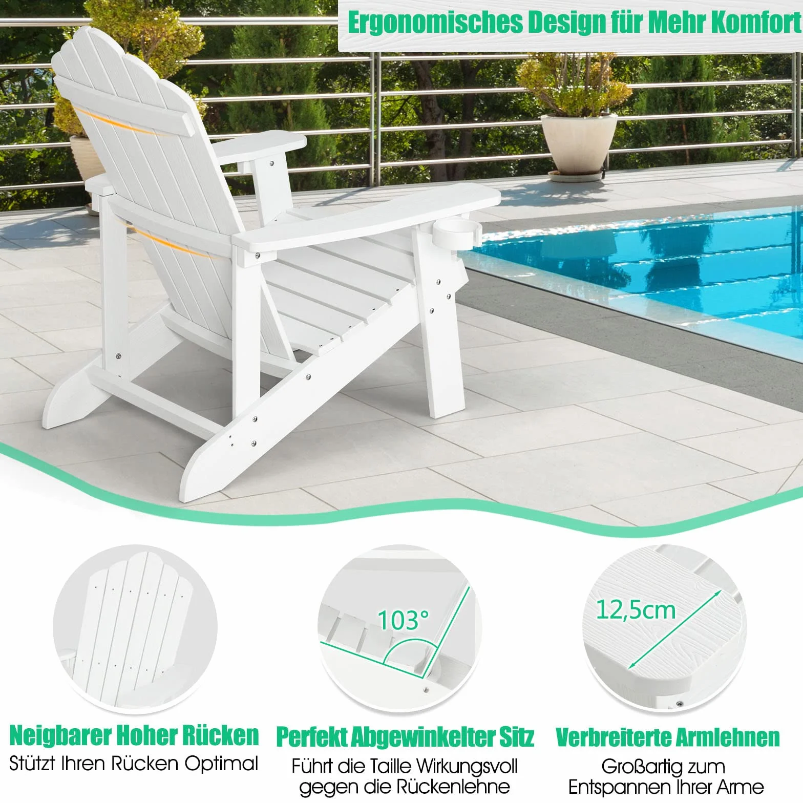 COSTWAY NP10983DE Adirondack krzesło z uchwytem na napoje, odporne na warunki atmosferyczne, fotel ogrodowy z tworzywa sztucznego, krzesło outdoorowe do ogrodu, na taras, nośność 170 kg (białe), 85 x 77 x 94 cm