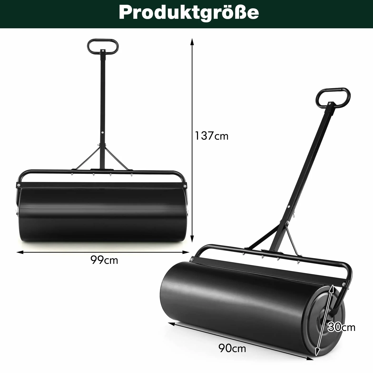 COSTWAY Walec do trawnika napełniany wodą lub piaskiem, 63 L, Ø 30 cm x 99 cm, walec gruntowy z uchwytem, walec ogrodowy metalowy, walec ręczny Lawn Roller, walec do trawnika dla równego trawnika