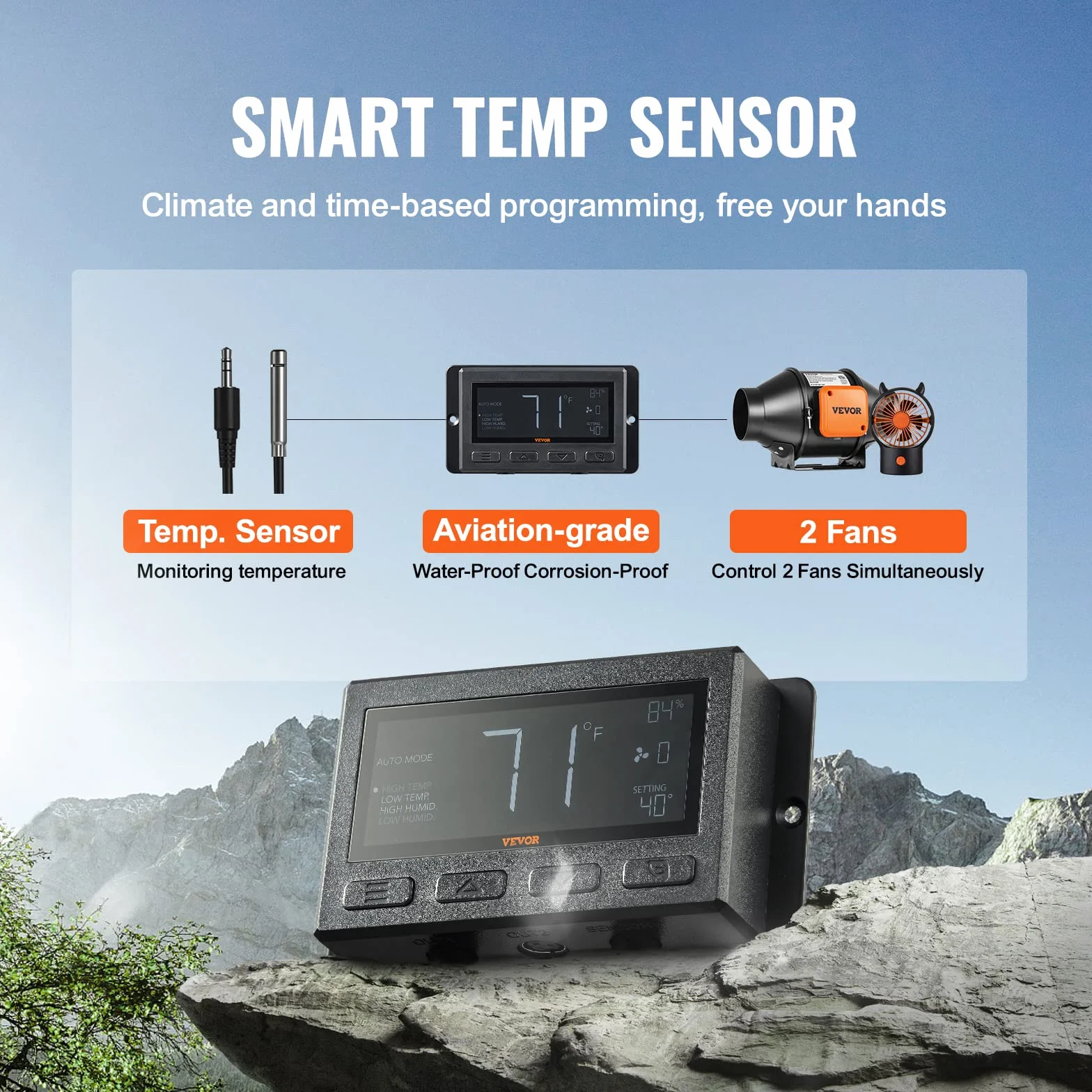 VEVOR Inline wentylator kanałowy, 21 W, 205 CFM z regulatorem temperatury i wilgotności, cichy silnik EC, wentylator wyciągowy do chłodzenia, wzmacniacza wzrostu, hydroponiki