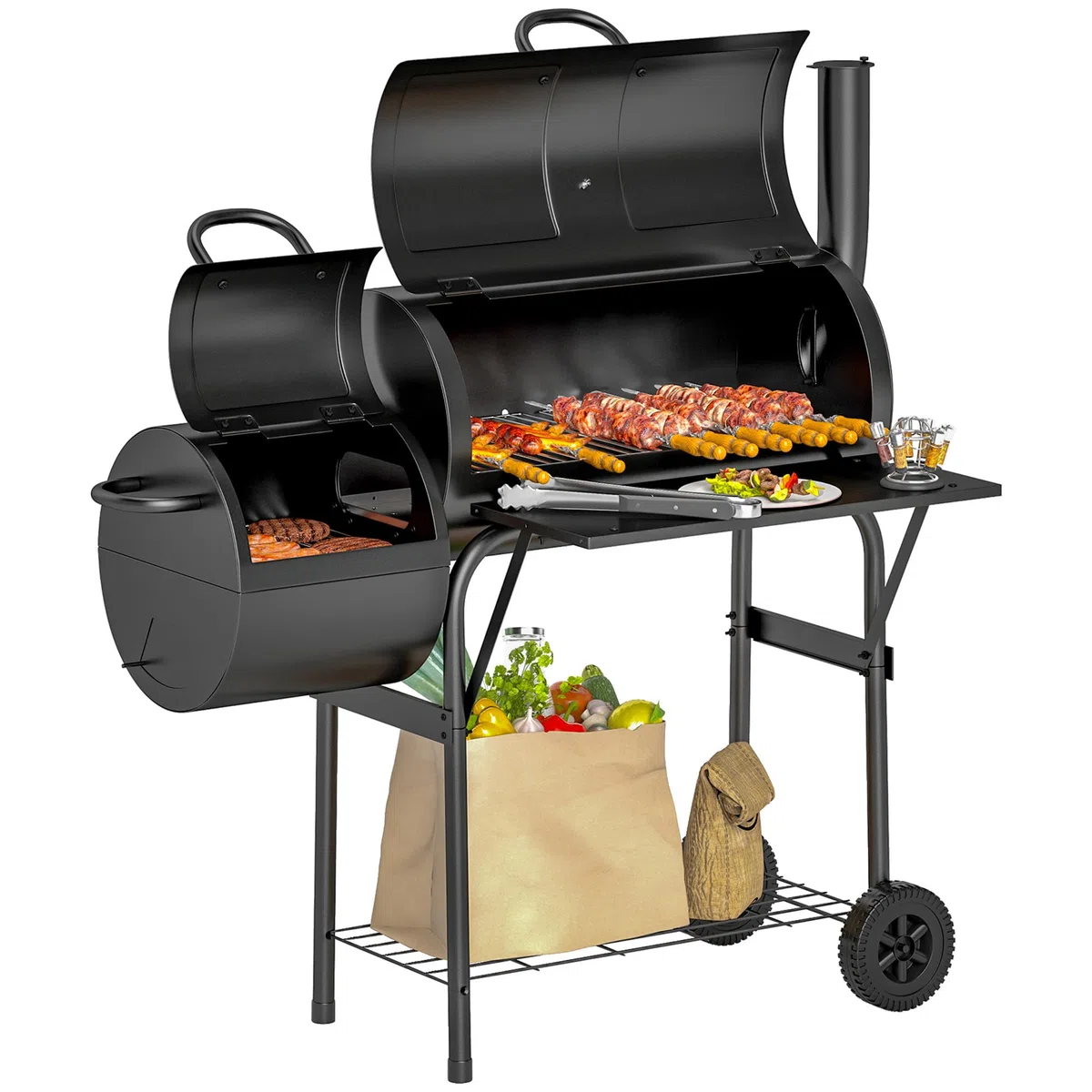 Outsunny Grill na węgiel drzewny ze stali, BBQ Smoker z pokrywką, termometr, kółka, wózek na kółkach z dopływem powietrza, pojemnik na węgiel węglowy, na kemping, do ogrodu, 109 x 60 x 120 cm