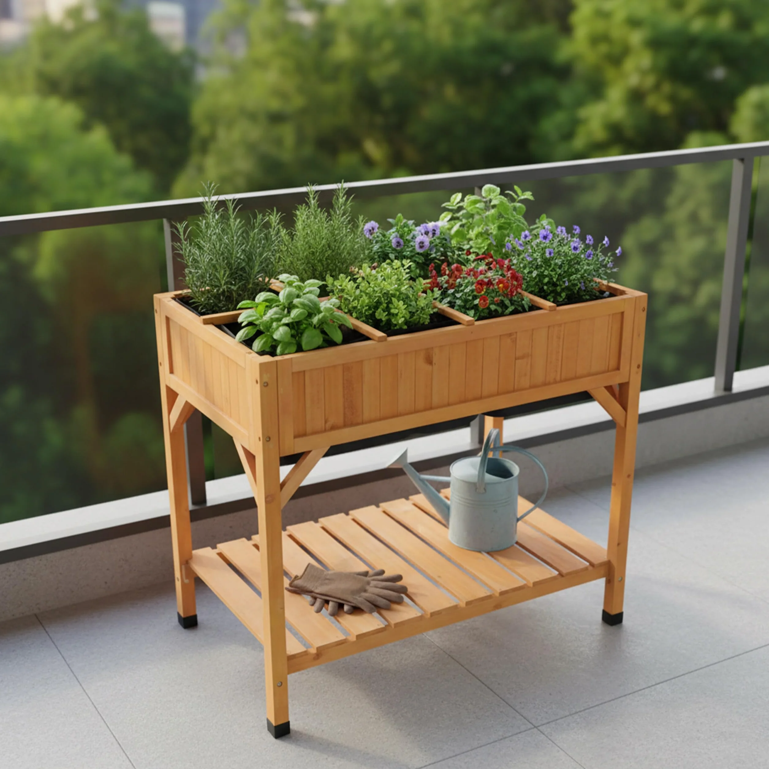 Relaxdays Podwyższona grządka, 8 przegródek, wys. x szer. x gł.: 81,5 x 91 x 62 cm, balkon i taras, stół na rośliny, drewno jodłowe, pomarańczowe