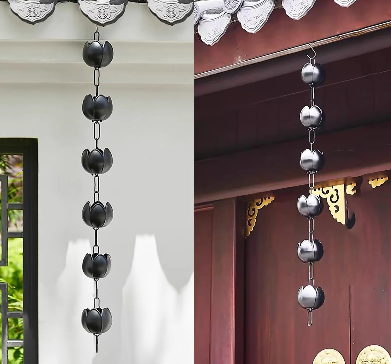 Łańcuchy deszczowe do rynien, łapacze deszczu, zewnętrzne łańcuchy deszczowe, łańcuch łapacza deszczu Lotus, aluminiowy rozdzielacz wody deszczowej zastępuje rynny spustowe, czarne ozdobne łańcuchy pr