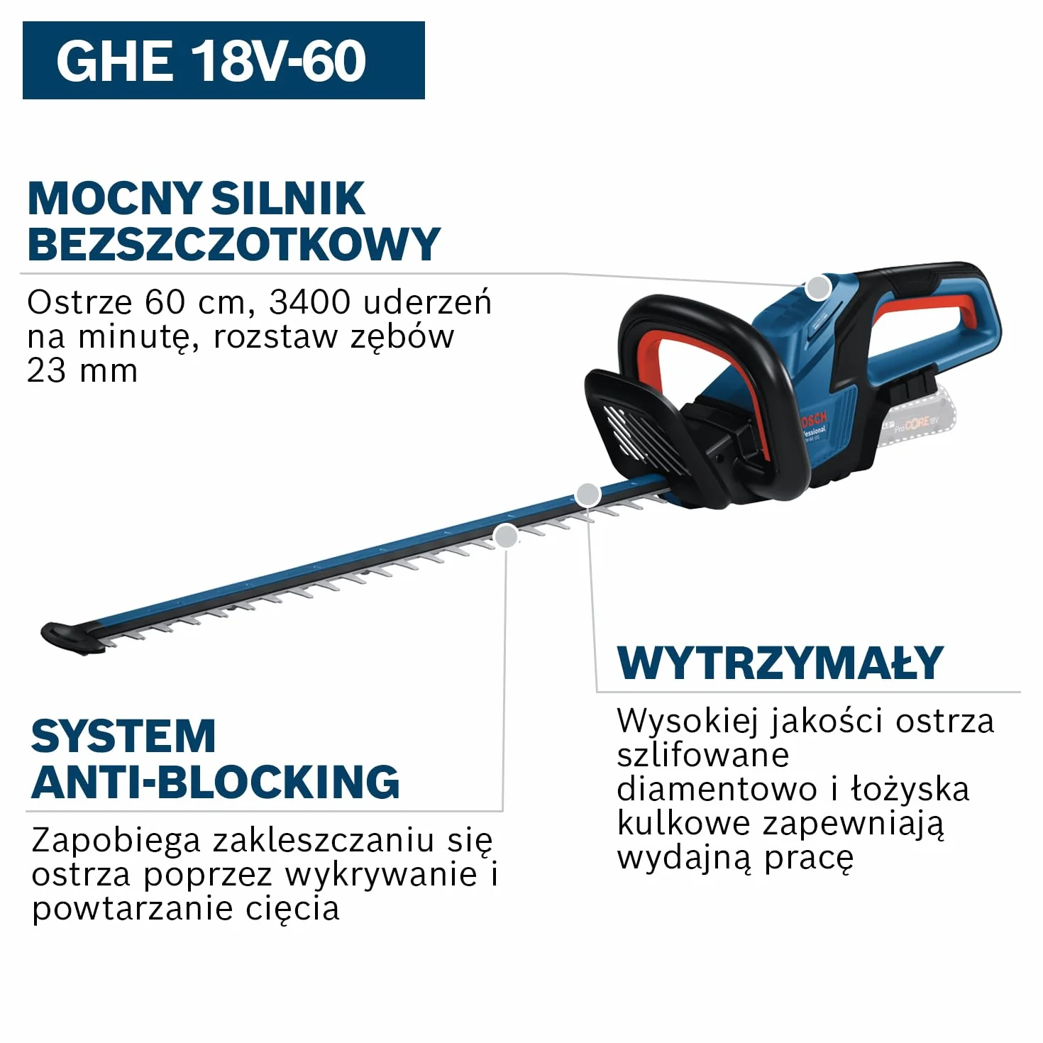 Bosch Professional system 18V: akumulatorowy sekator GHE 18V-60 (silnik bezszczotkowy, grubość cięcia 20 mm)