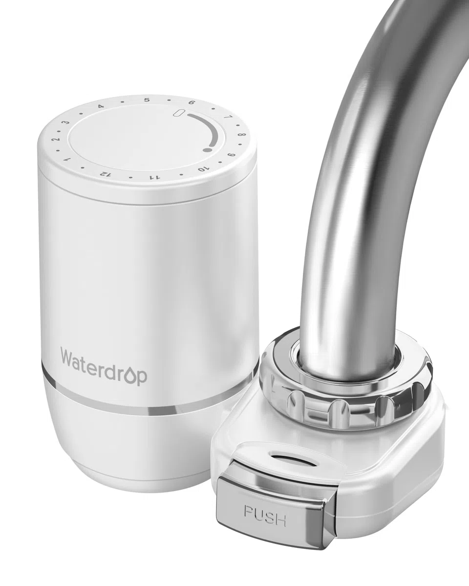 Waterdrop Bateria filtrująca wodę, przypomnienie o żywotności filtra, filtr wody 1200 l do kranu, system filtracji wody do montażu na kranie, certyfikat NSF redukuje chlor, 1 filtr